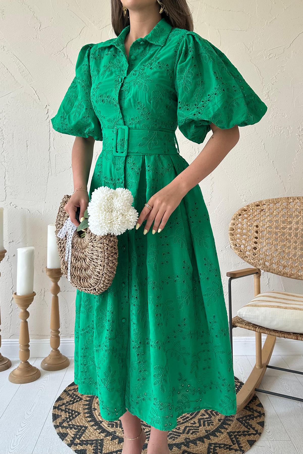 Toptan Yeşil Pileli Balon Kol Elbise