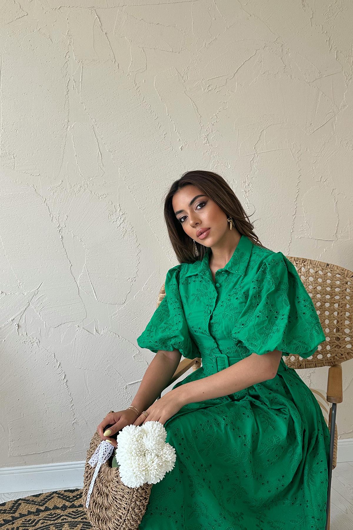 Toptan Yeşil Pileli Balon Kol Elbise