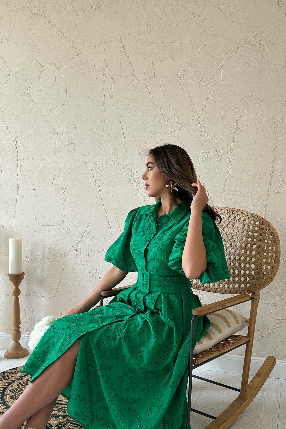 Toptan Yeşil Pileli Balon Kol Elbise