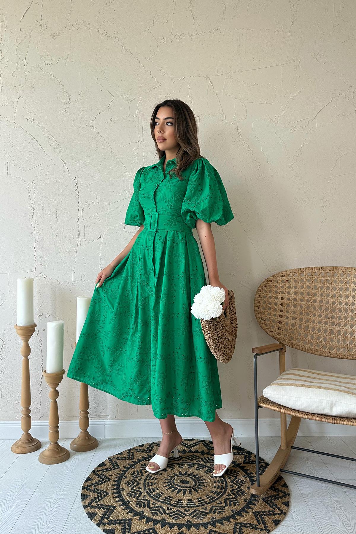 Toptan Yeşil Pileli Balon Kol Elbise