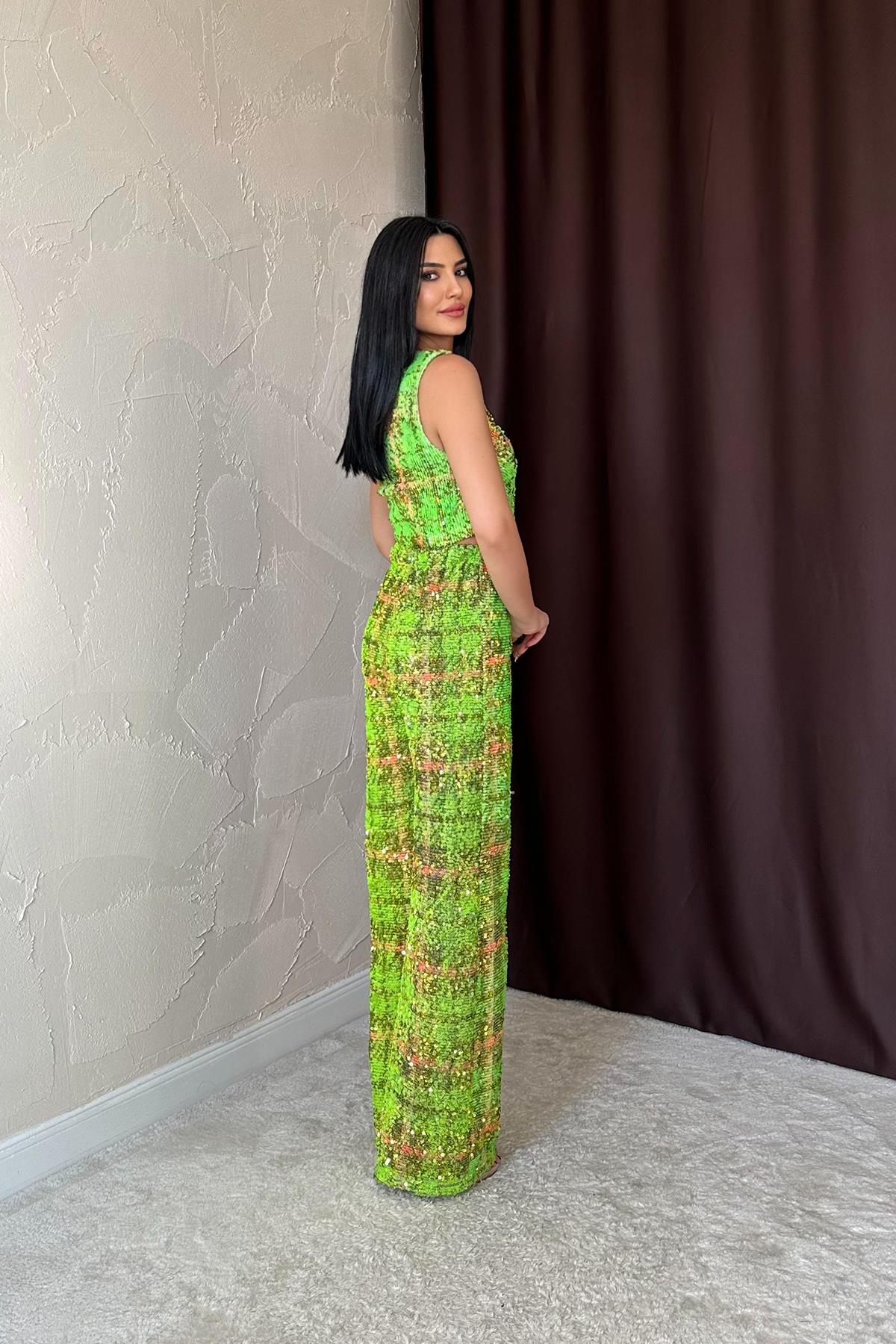 Toptan Yeşil Pullu Yelek Ve Pantolon Takım