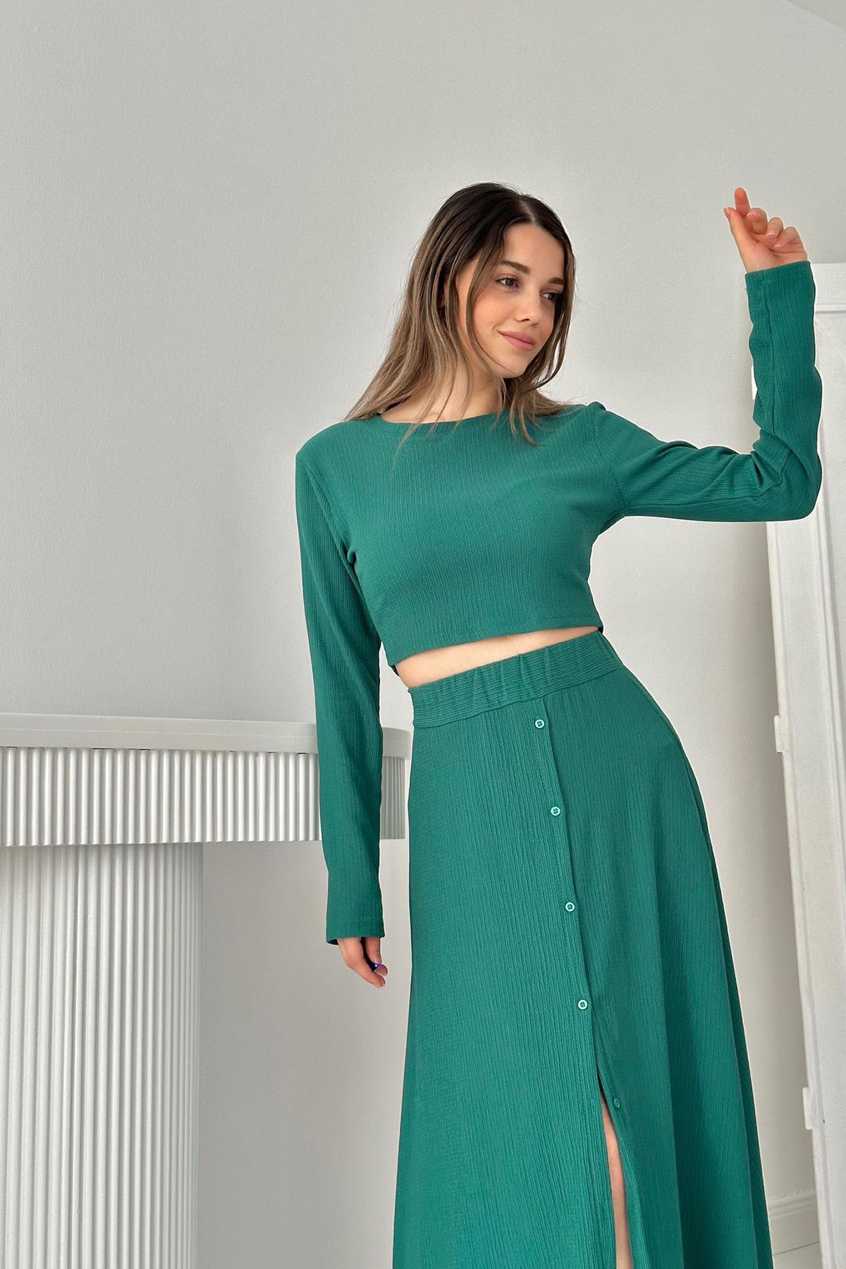 Toptan Zümrüt Fitilli Bluz & Etek Takım