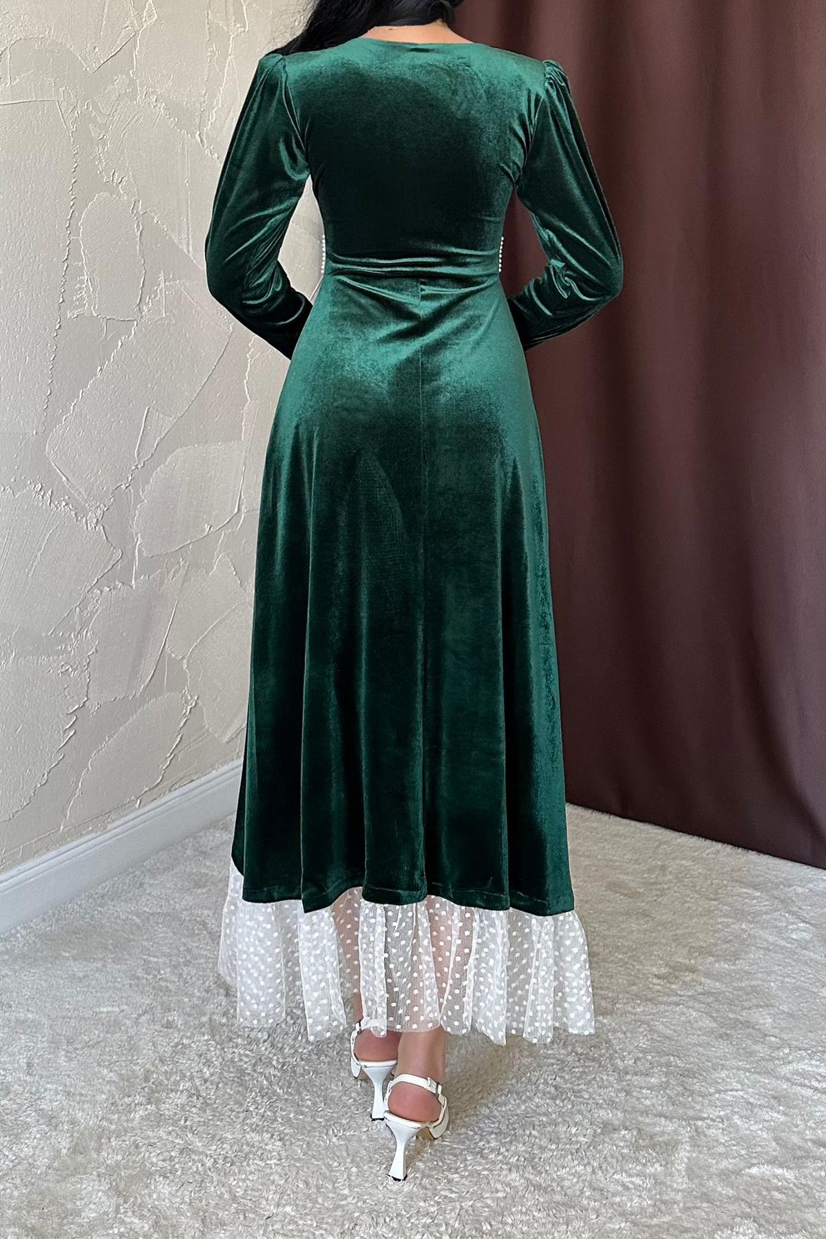 Toptan Zümrüt İnci Aksesuarlı Kadife Elbise