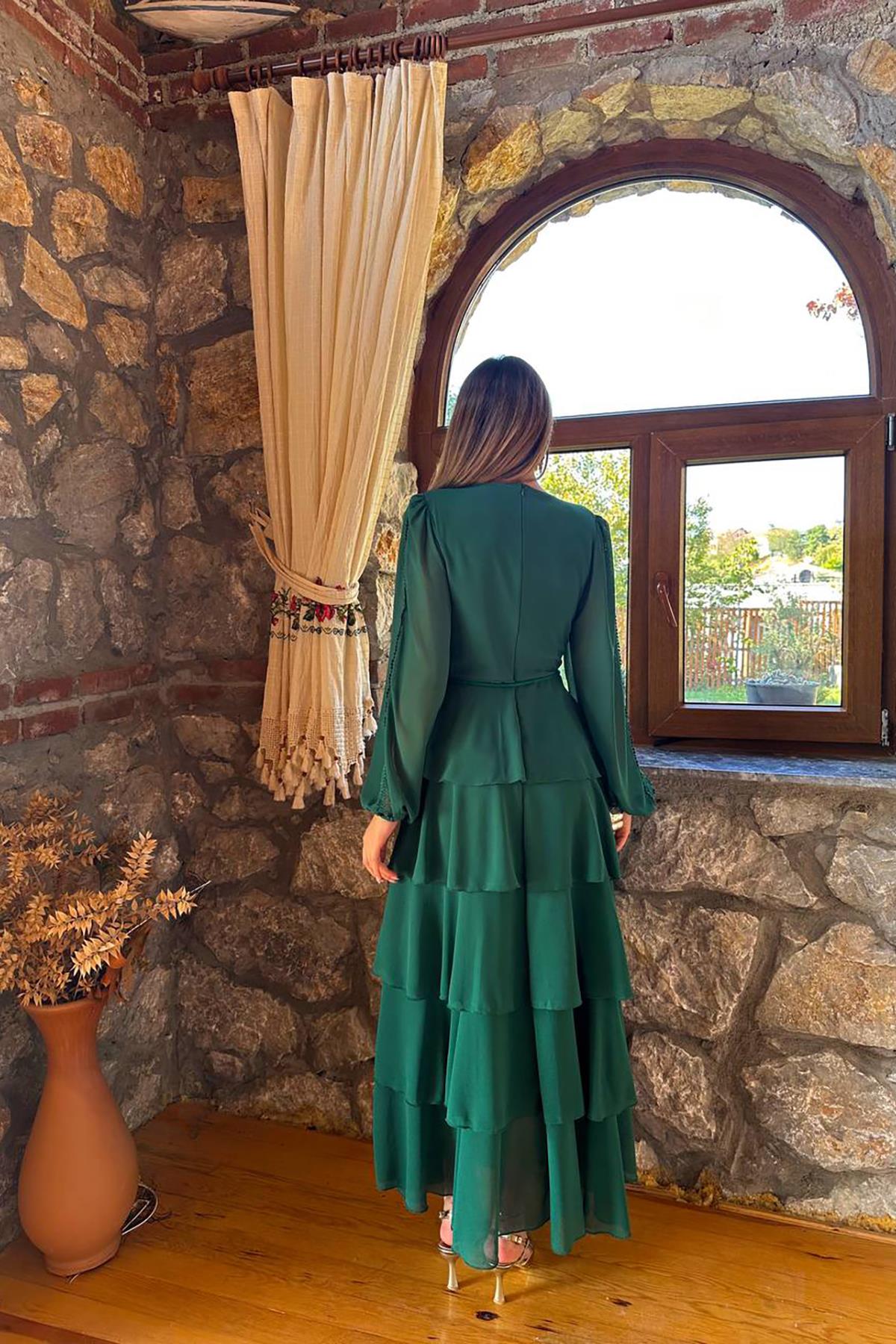 Toptan Zümrüt Kat Kat Şifon Elbise