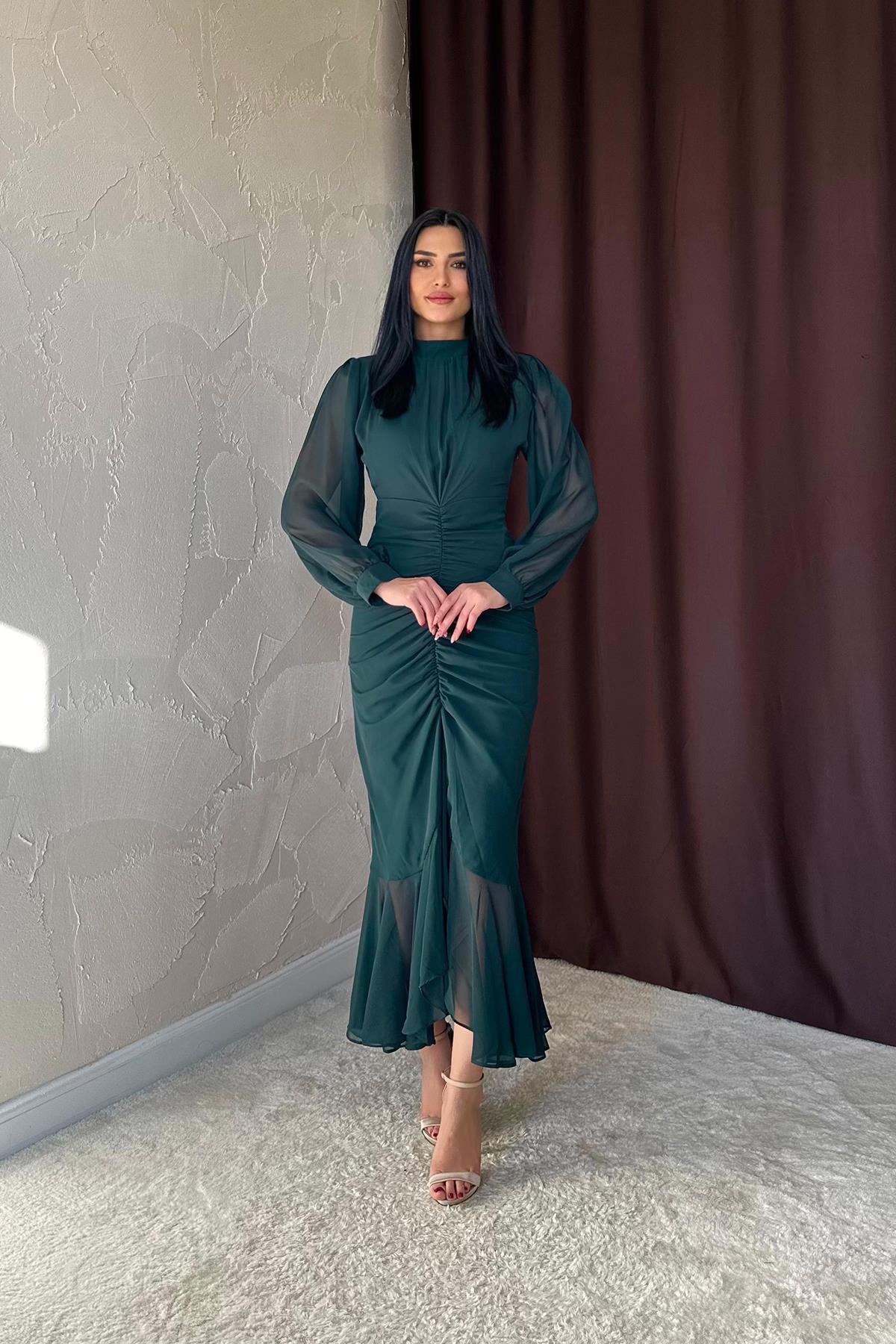 Toptan Zümrüt Önü Büzgülü Şifon Elbise Zümrüt L