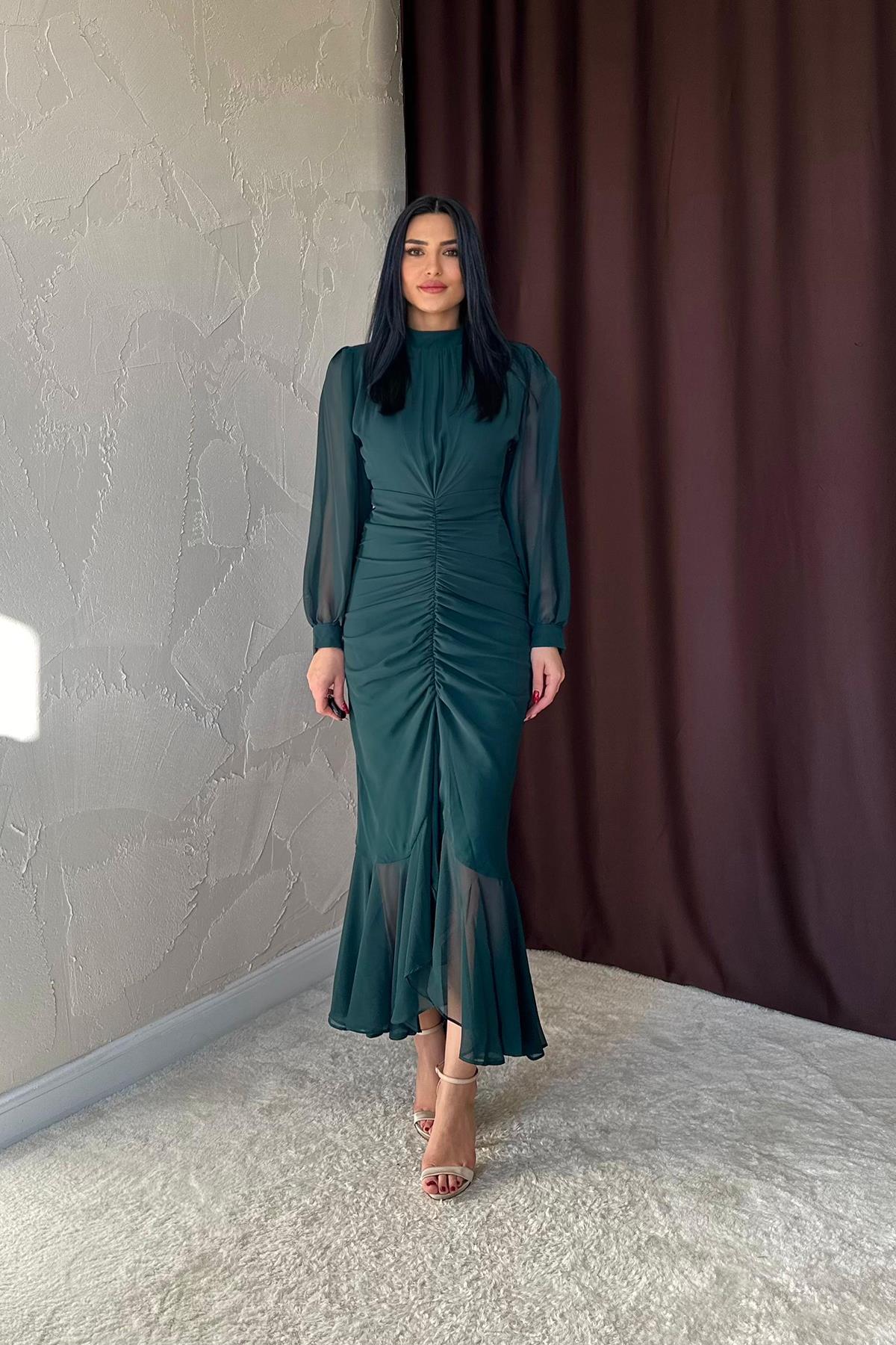 Toptan Zümrüt Önü Büzgülü Şifon Elbise