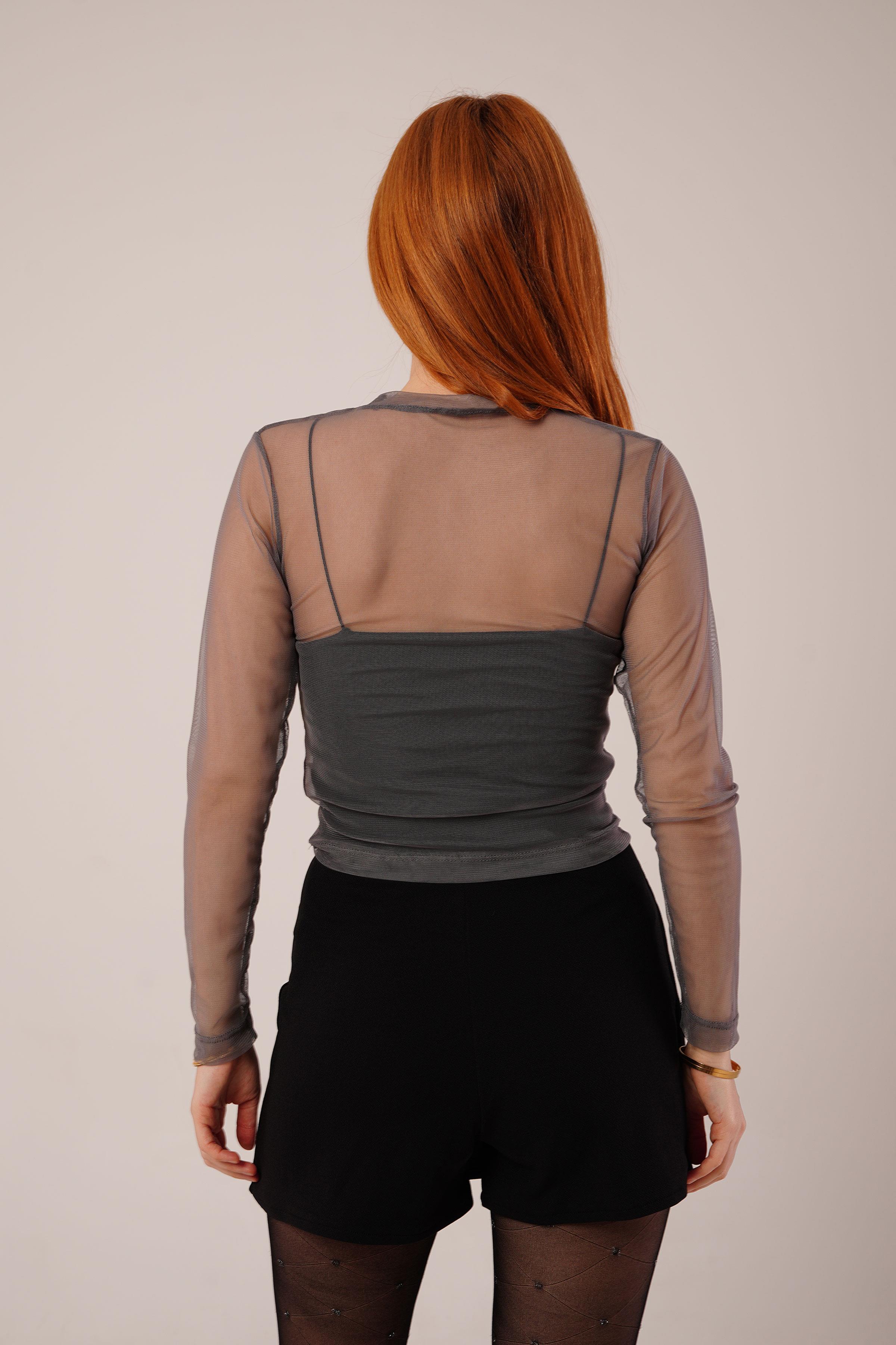 Transparan Gri Toptan Tül Basic Bluz