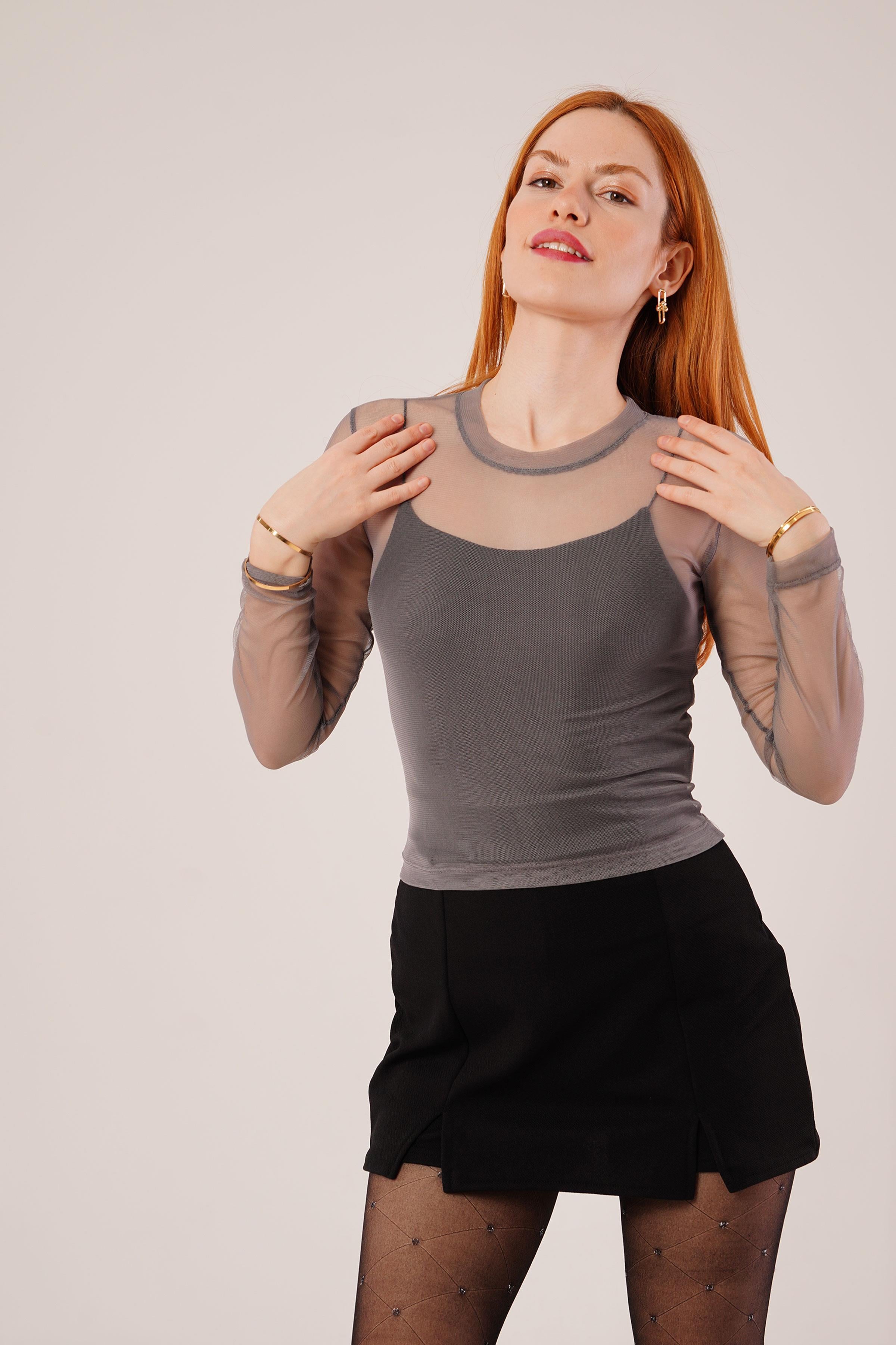 Transparan Gri Toptan Tül Basic Bluz