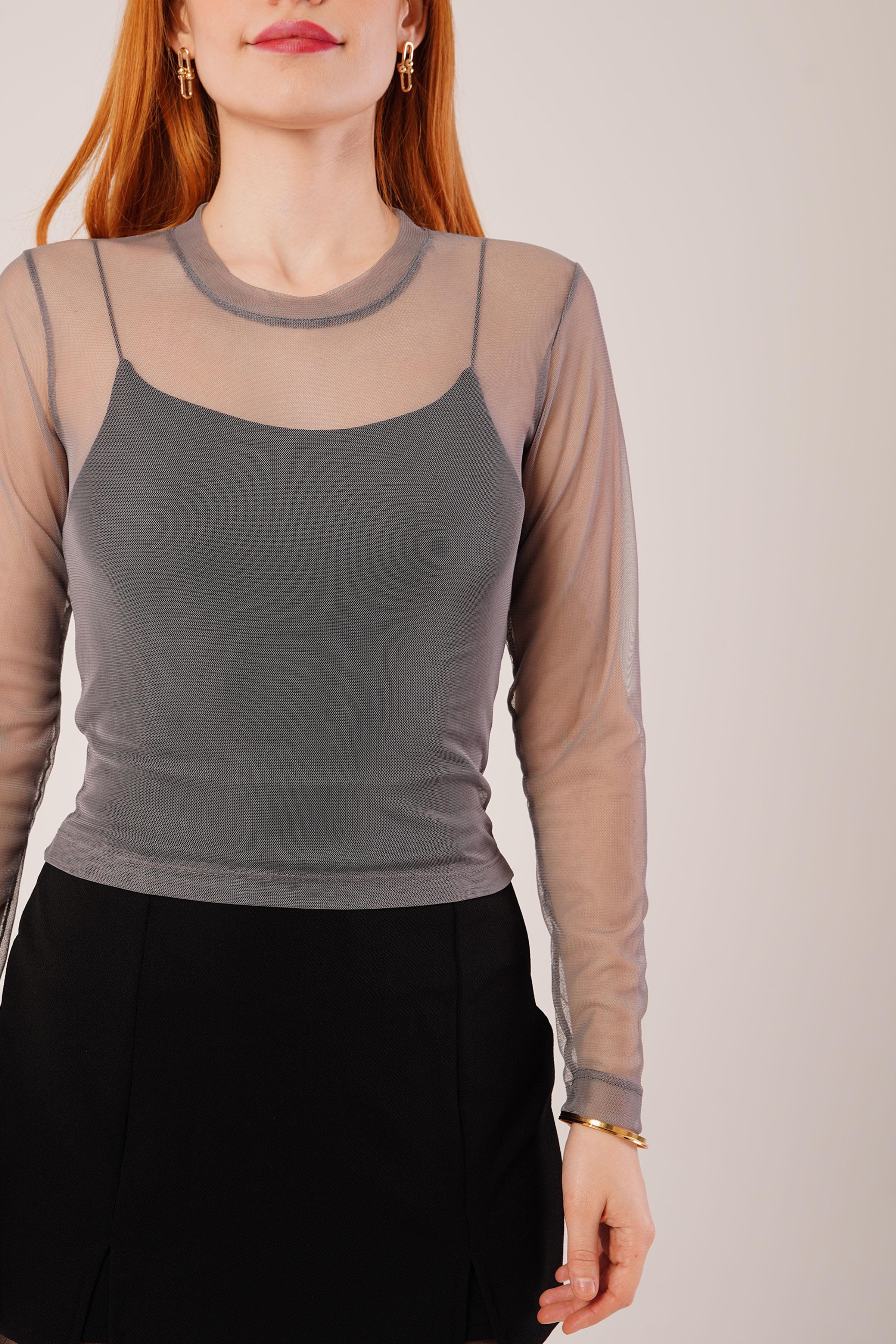 Transparan Gri Toptan Tül Basic Bluz