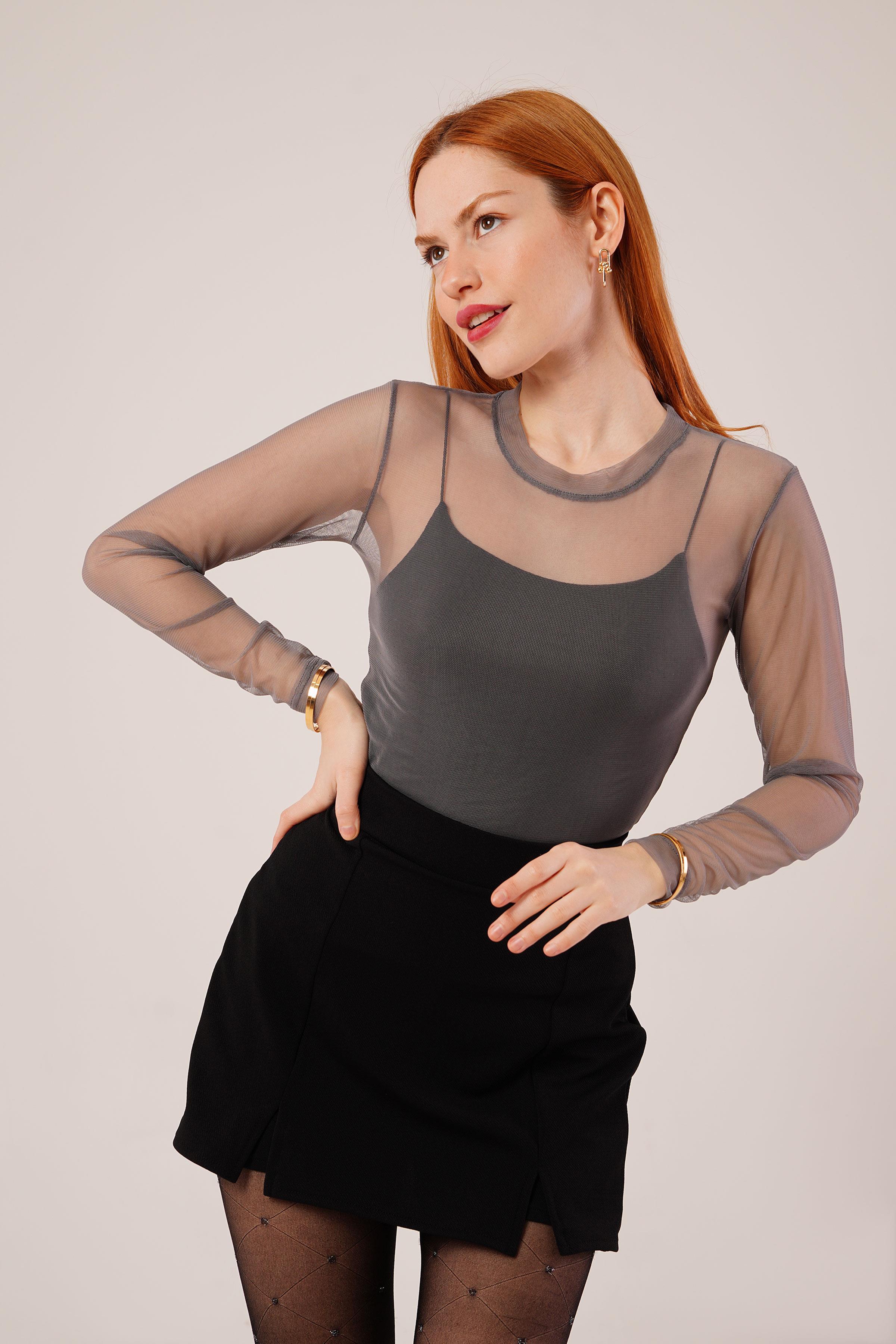 Transparan Gri Toptan Tül Basic Bluz
