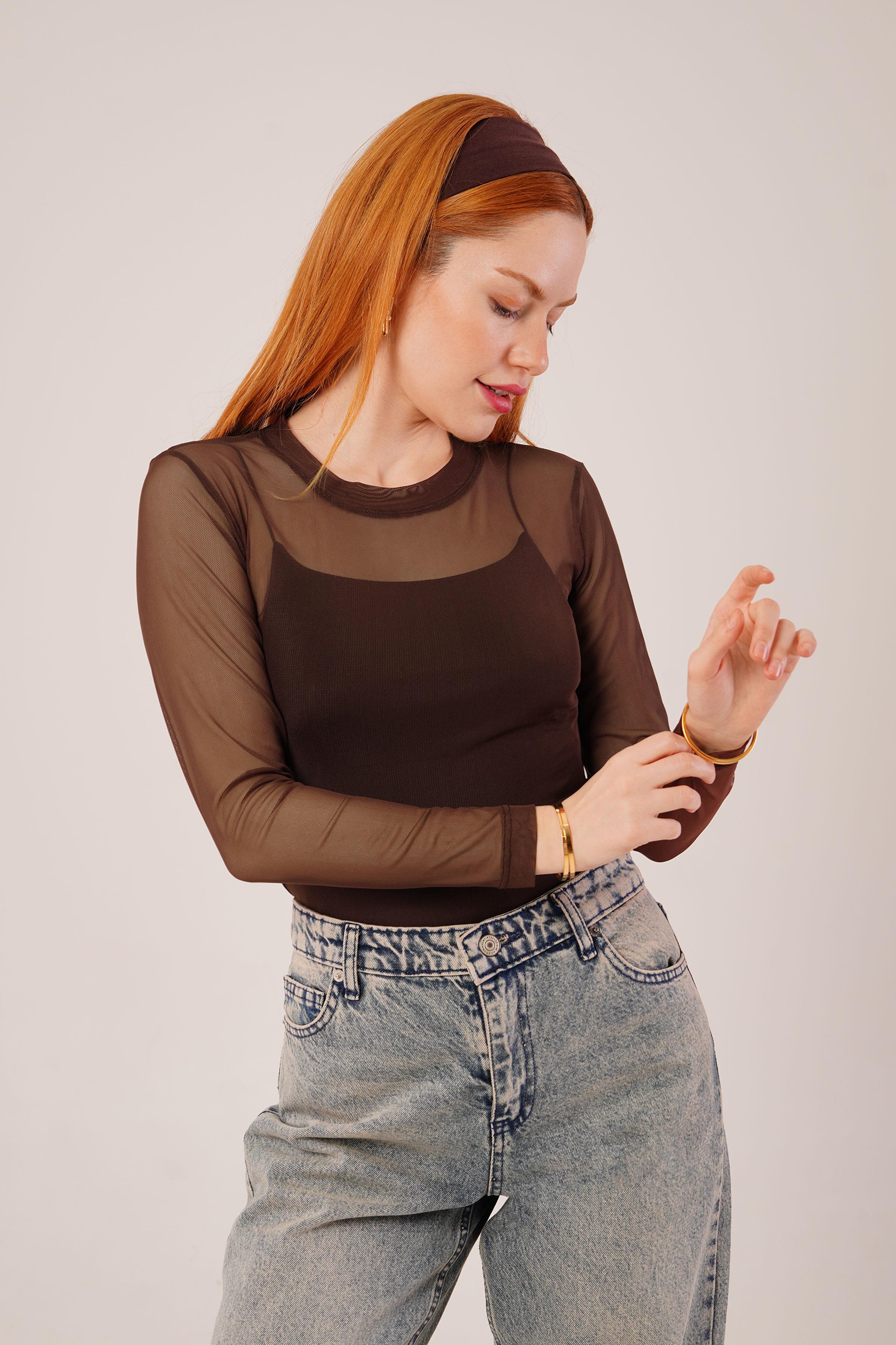 Transparan Kahverengi Toptan Tül Basic Bluz