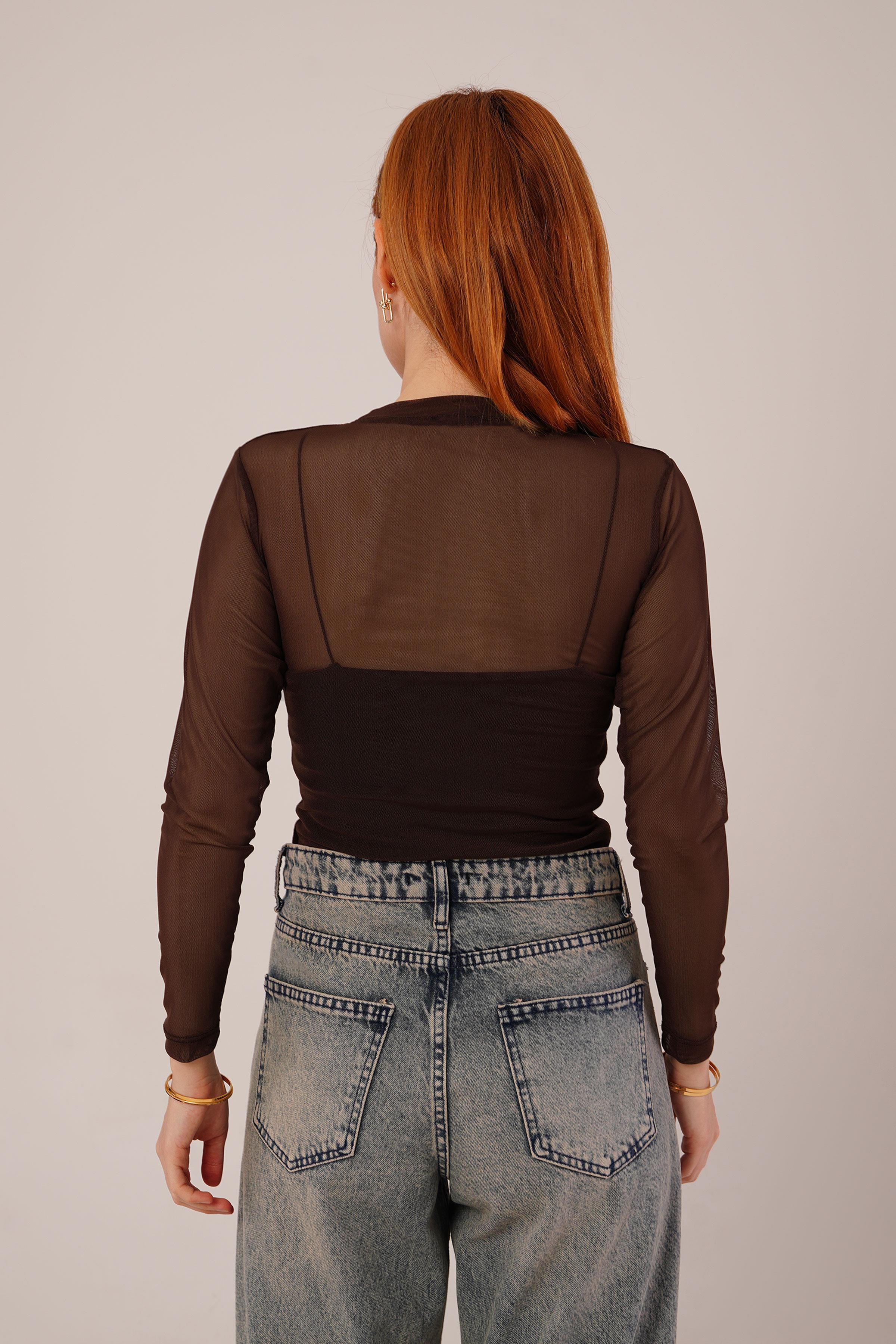 Transparan Kahverengi Toptan Tül Basic Bluz