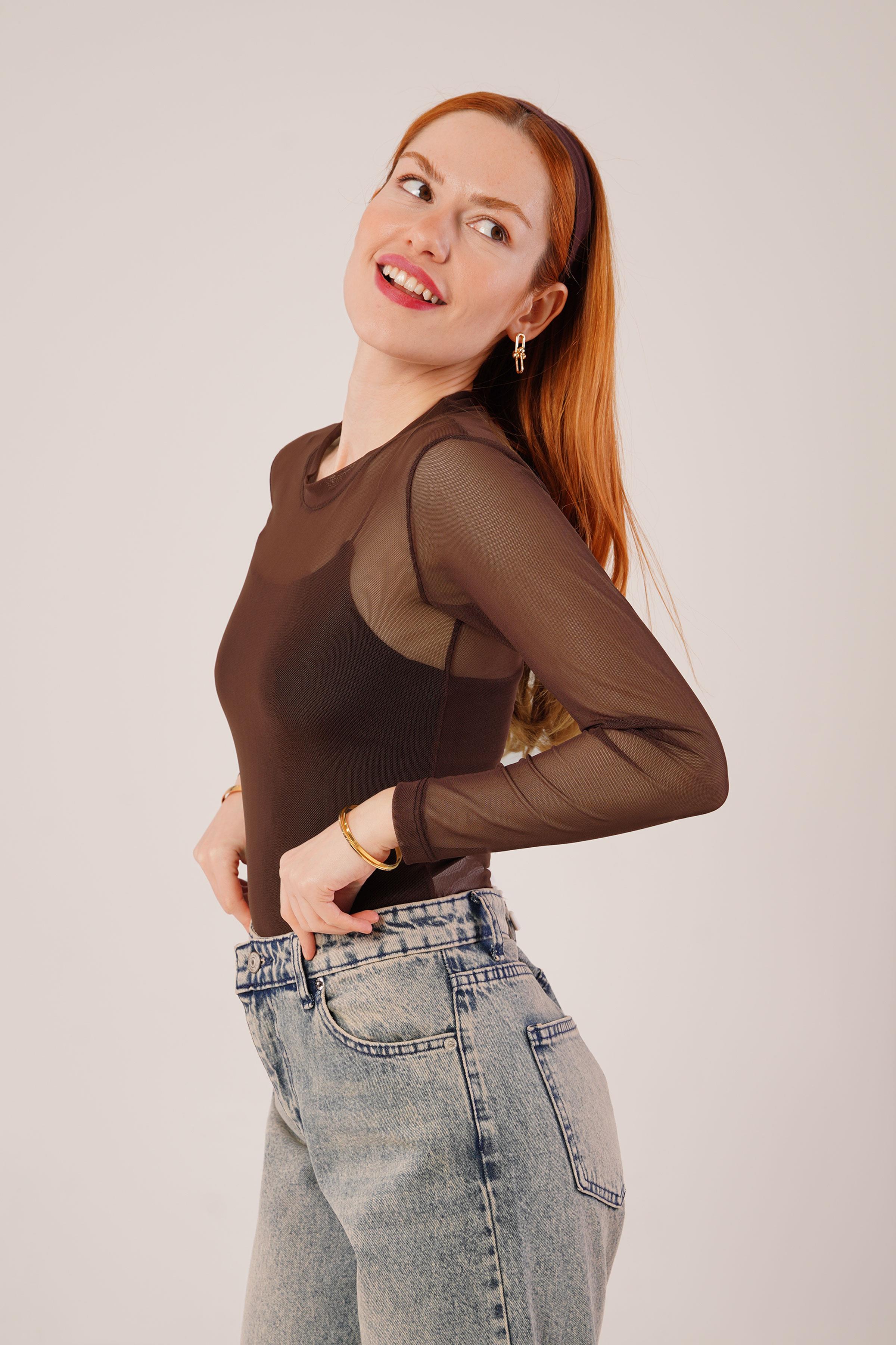 Transparan Kahverengi Toptan Tül Basic Bluz