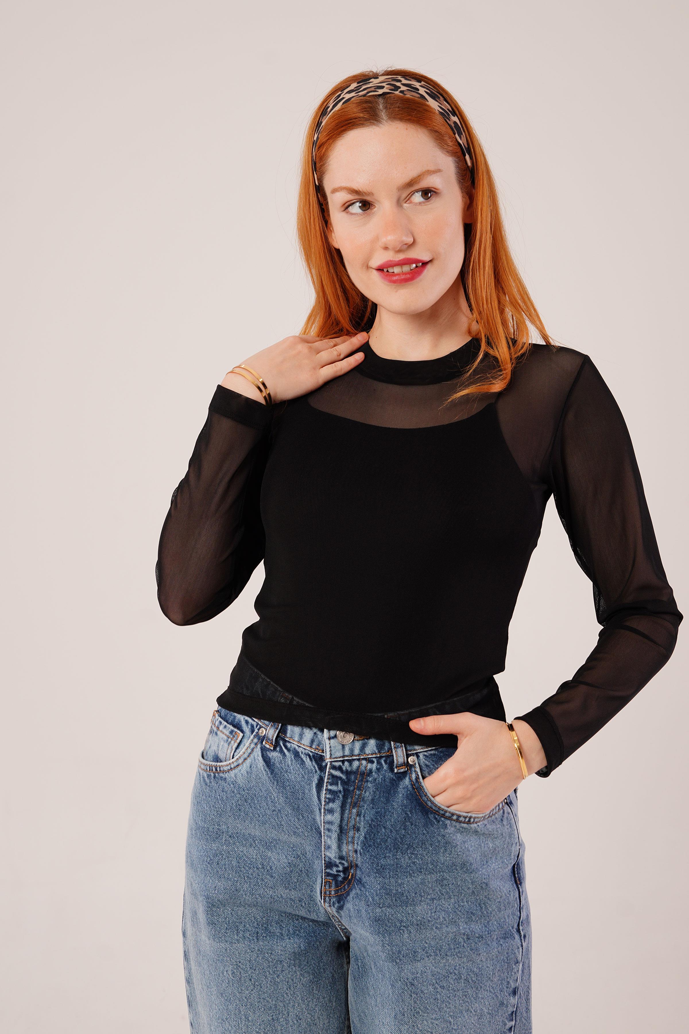 Transparan Siyah Toptan Tül Basic Bluz