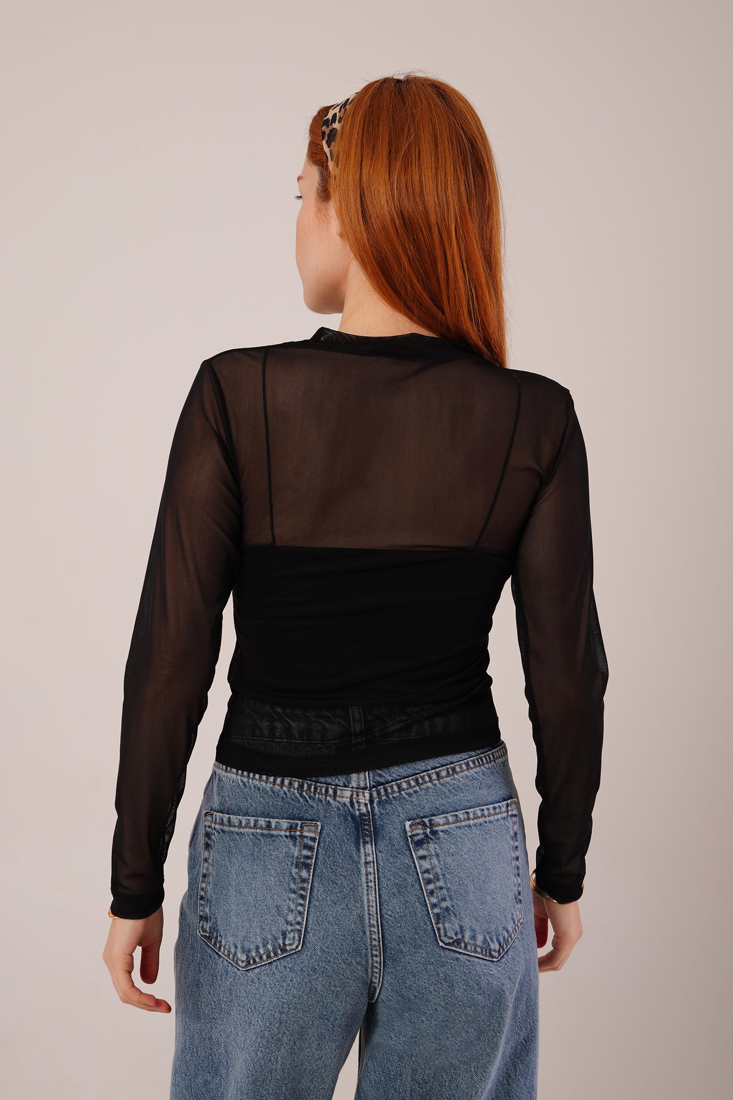 Transparan Siyah Toptan Tül Basic Bluz