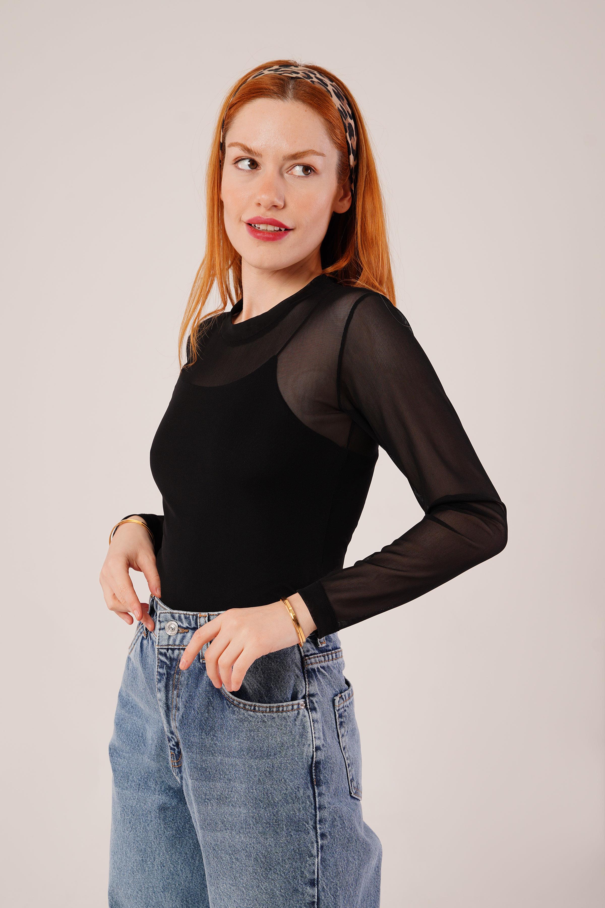 Transparan Siyah Toptan Tül Basic Bluz