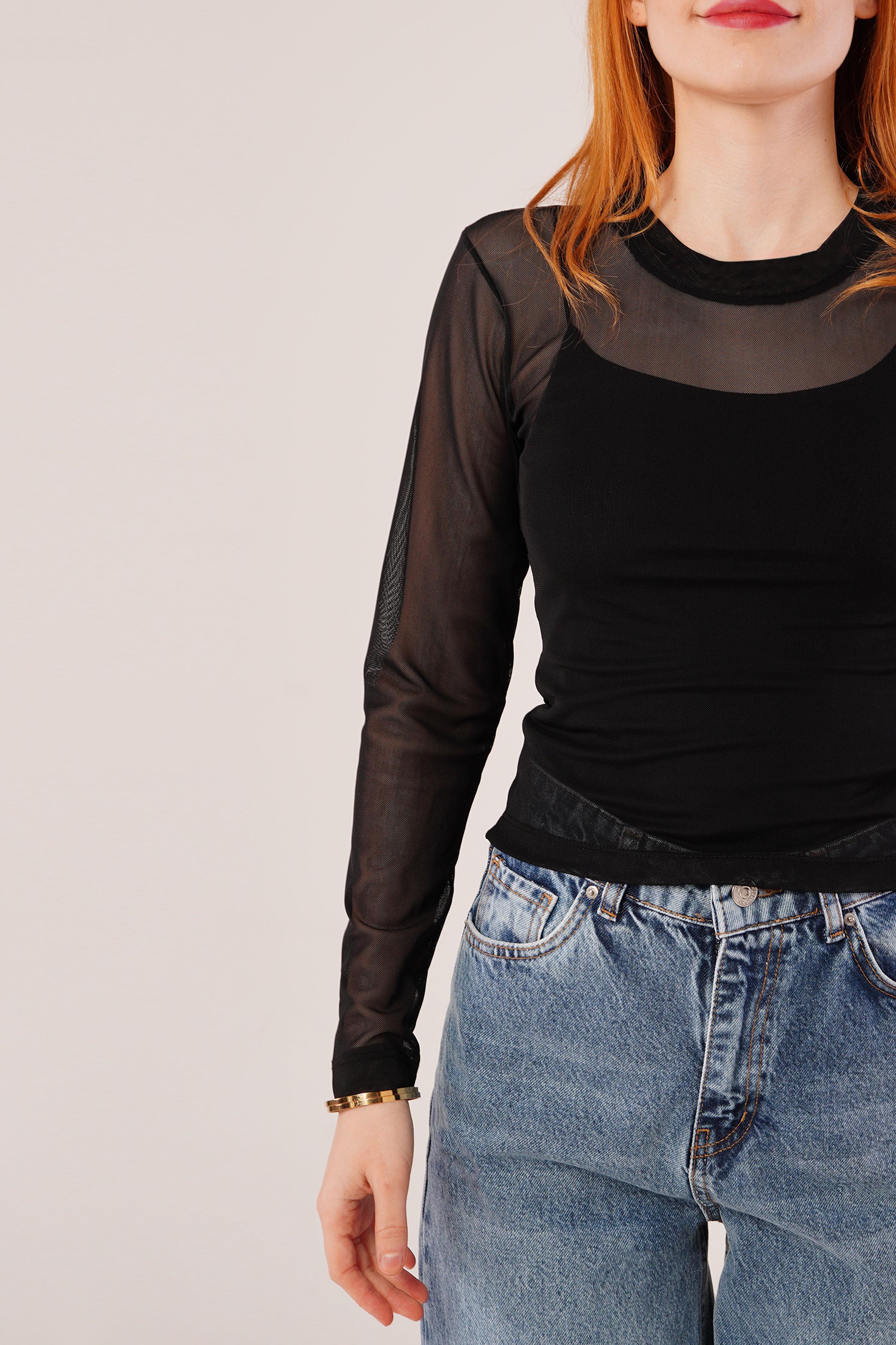 Transparan Siyah Toptan Tül Basic Bluz