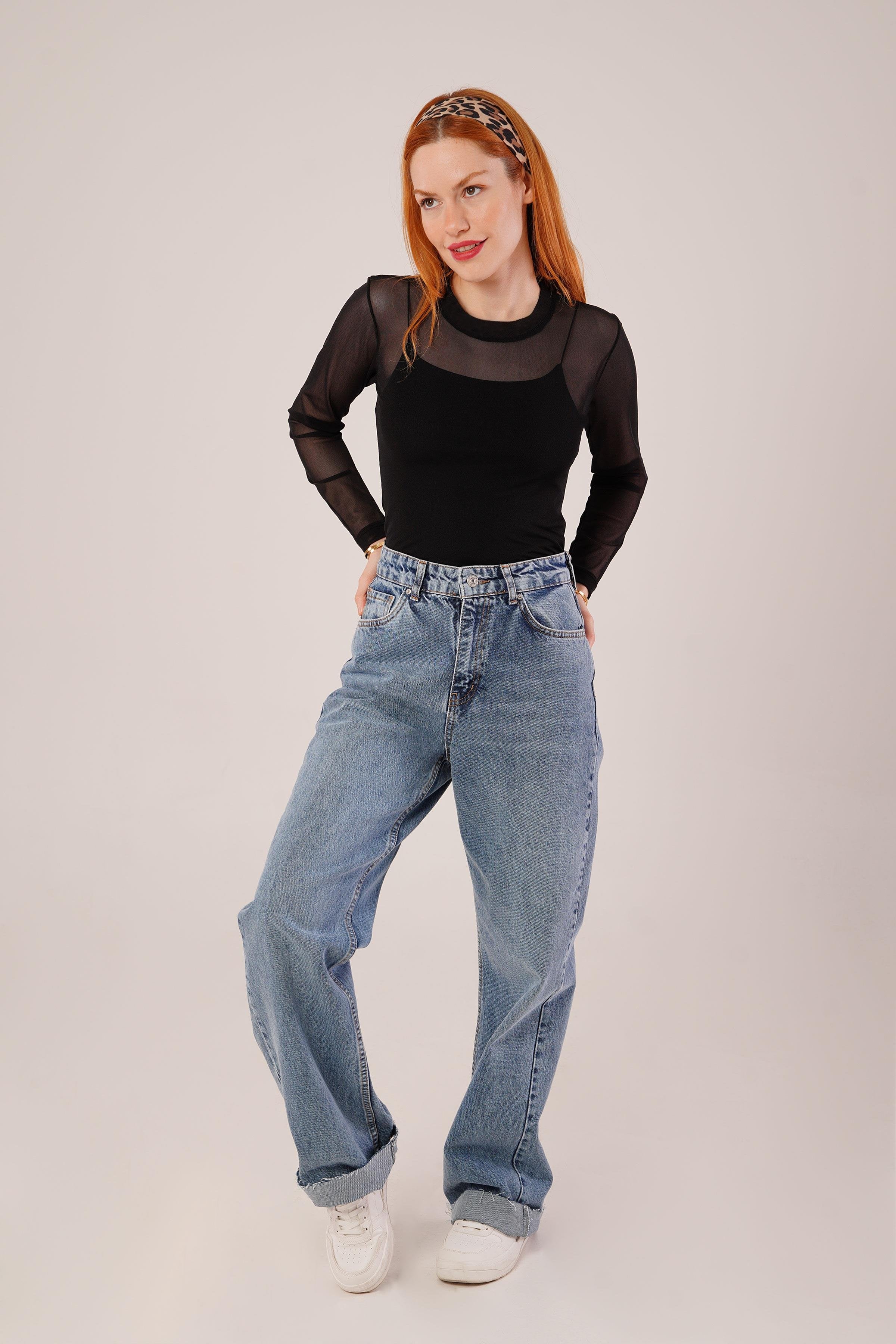 Transparan Siyah Toptan Tül Basic Bluz