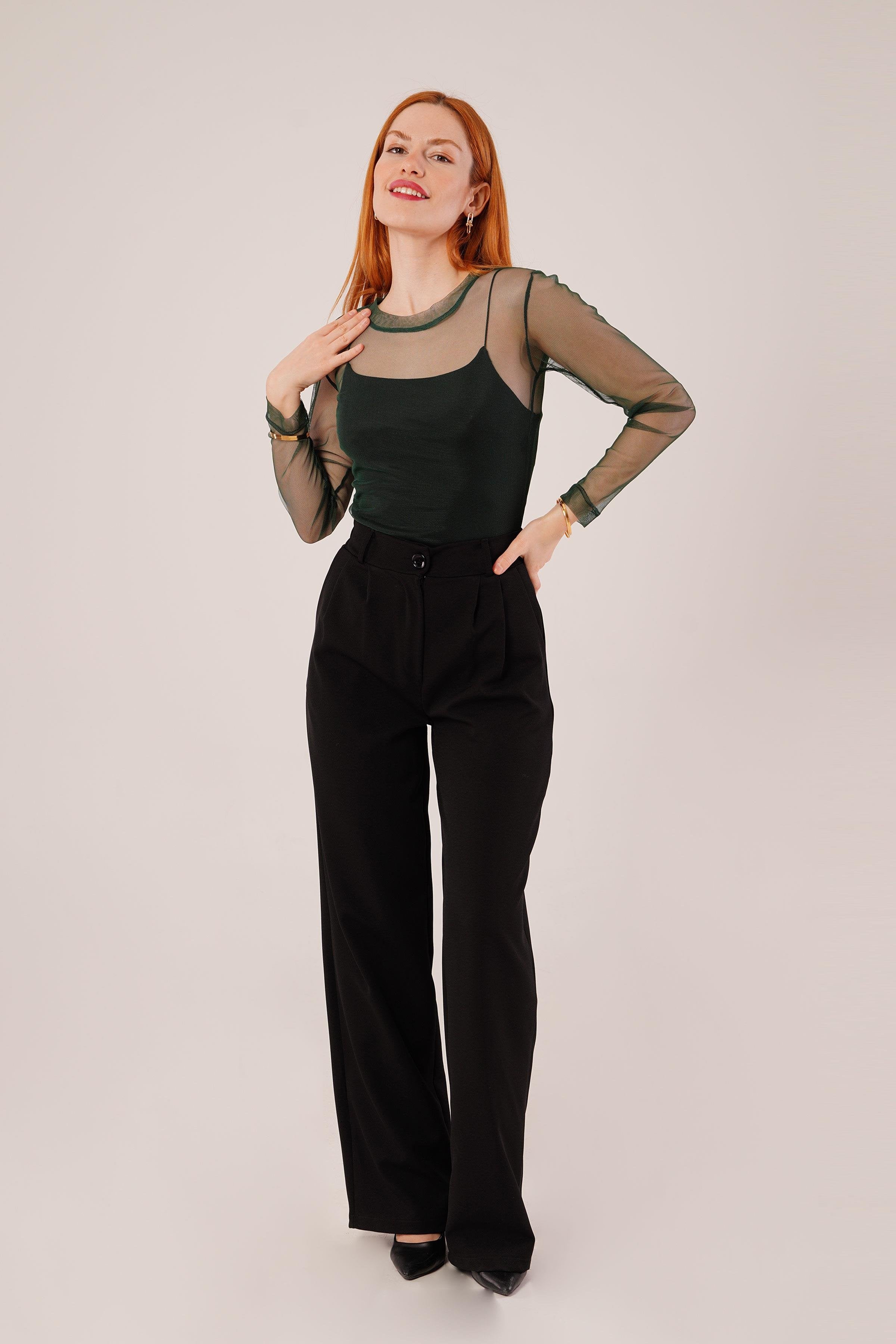 Transparan Yeşil Toptan Tül Basic Bluz