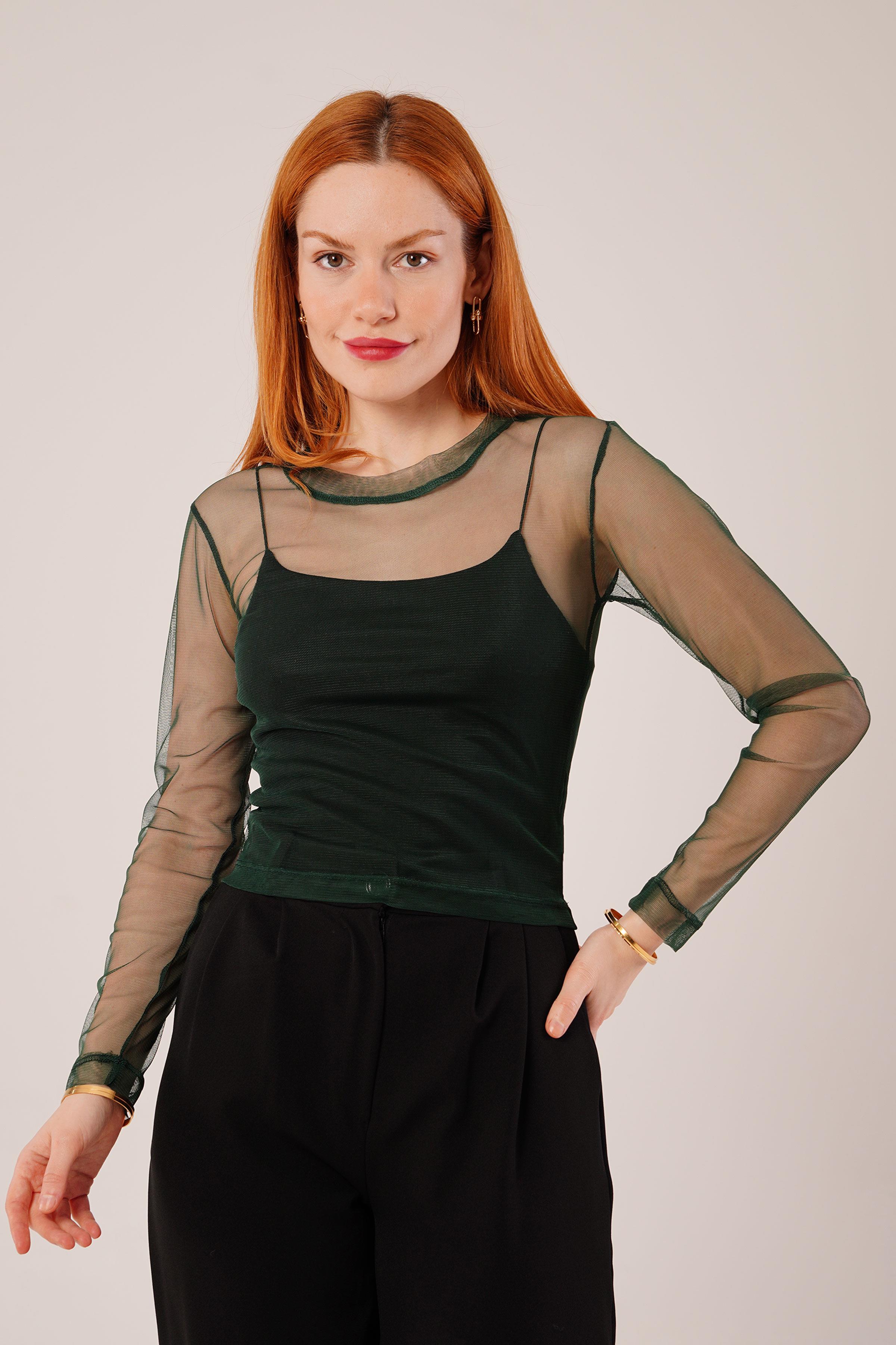 Transparan Yeşil Toptan Tül Basic Bluz