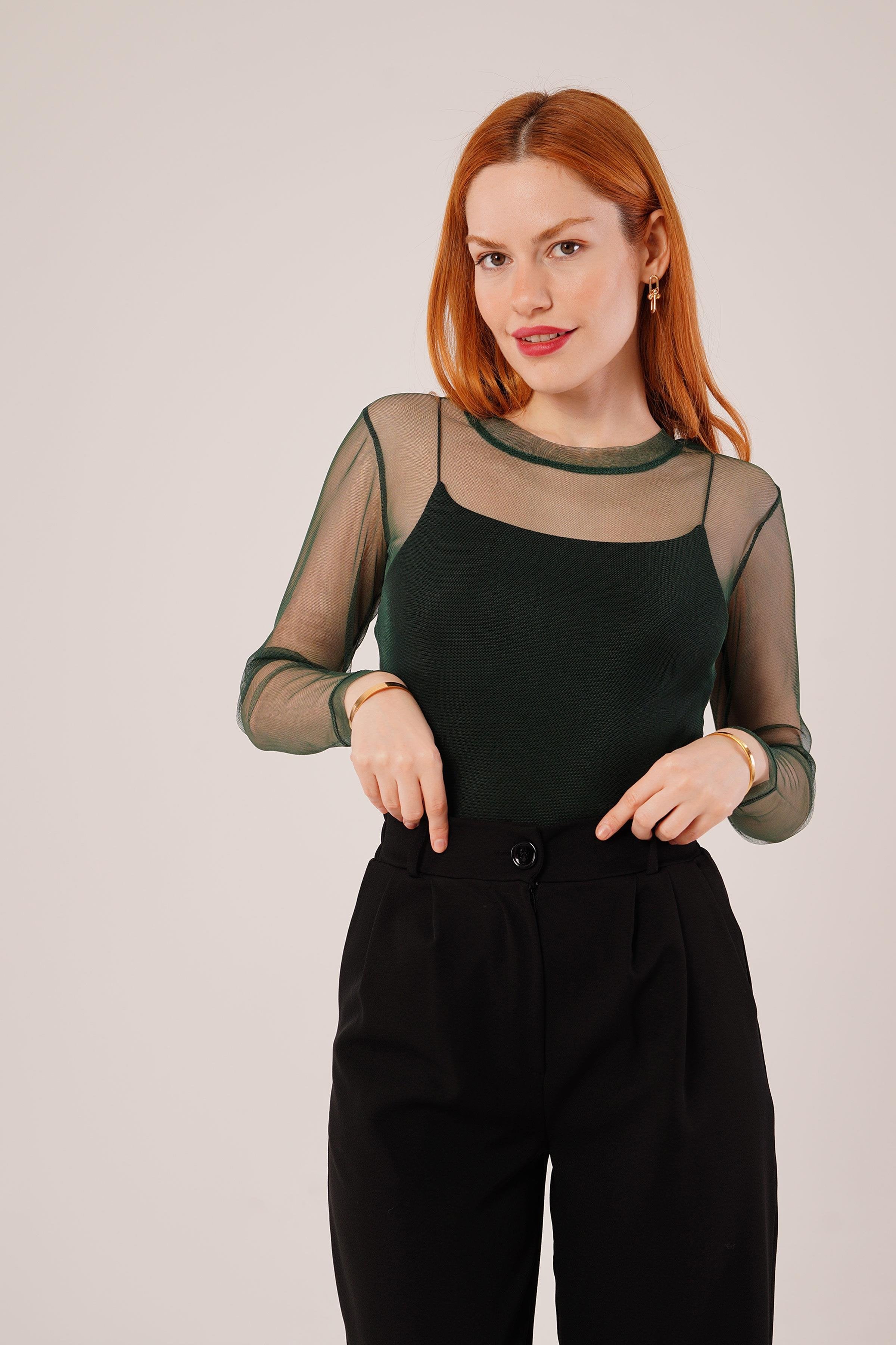 Transparan Yeşil Toptan Tül Basic Bluz