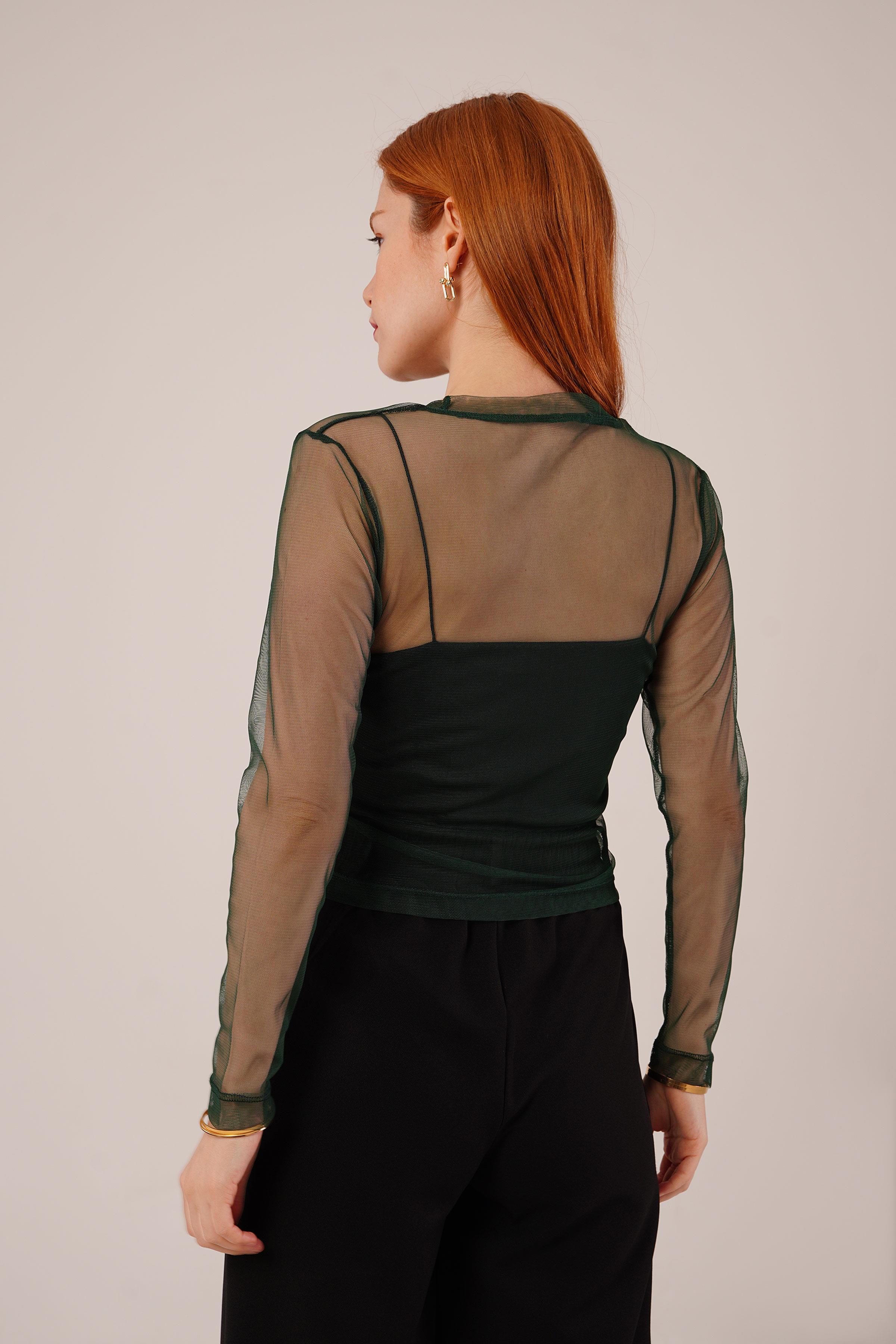 Transparan Yeşil Toptan Tül Basic Bluz