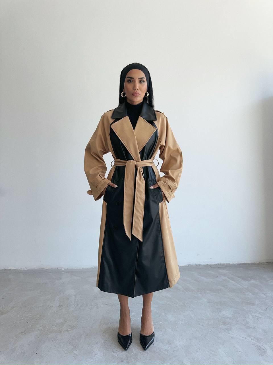 TRENCH BOYUNA DERİ PARÇALI - Bej