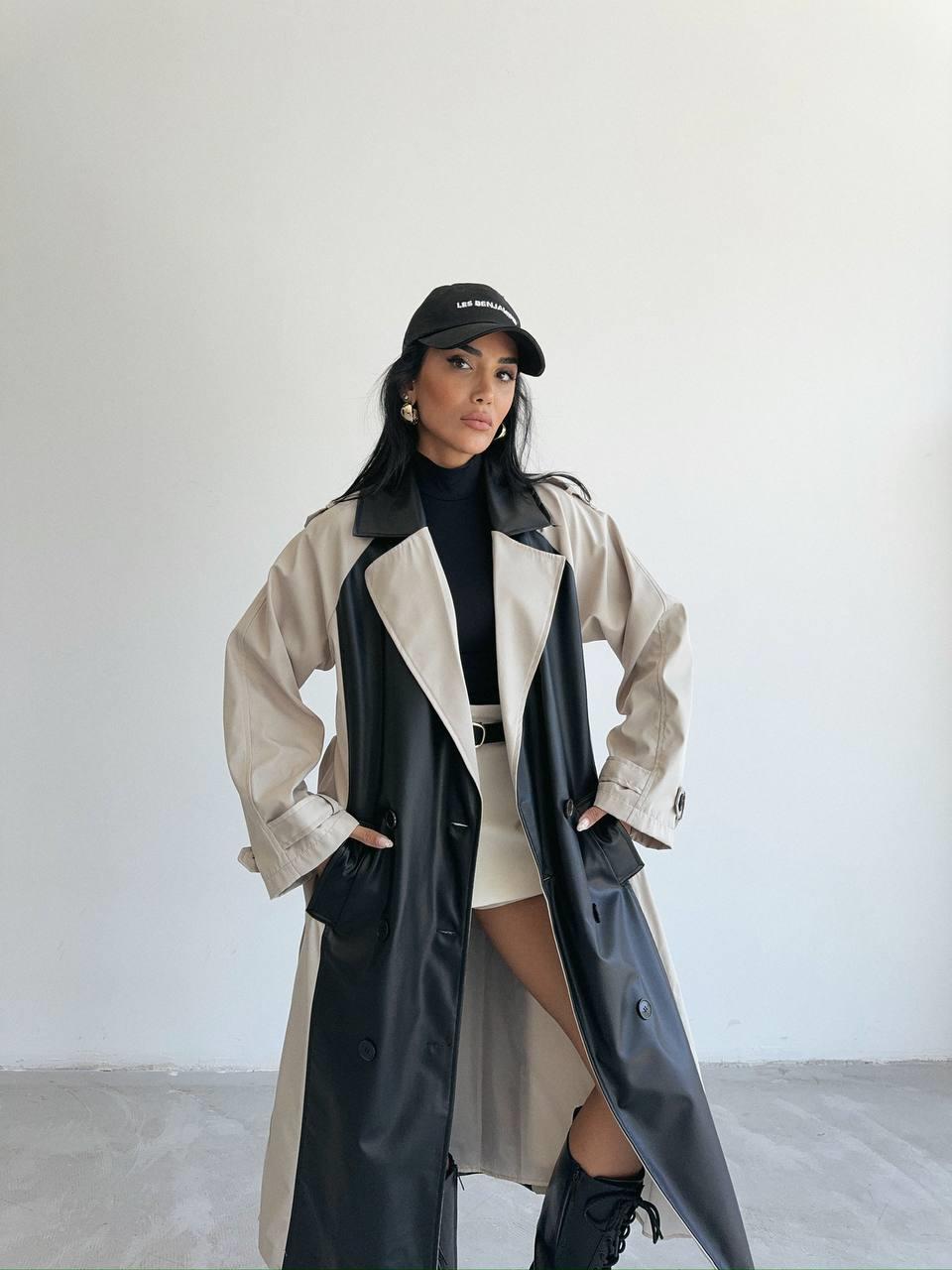 TRENCH BOYUNA DERİ PARÇALI - Taş