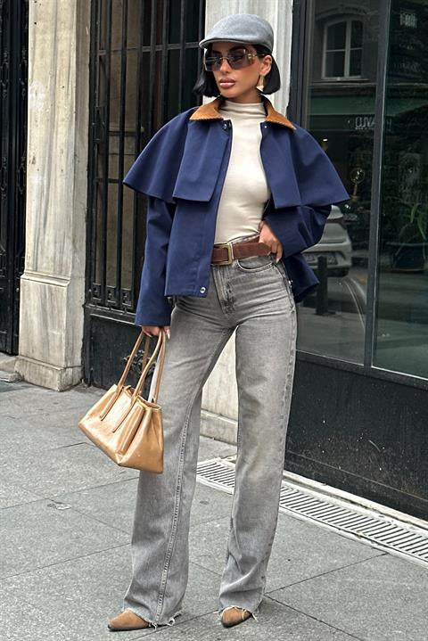 Trençkot Stil Pelerinli Ceket – Kadife Detay Mont 7076-08 LACİVERT L