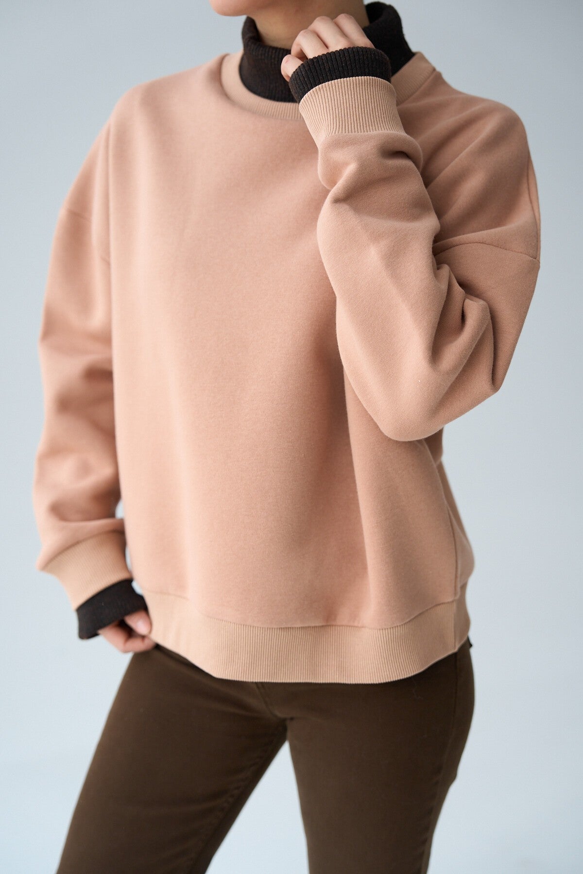 Süt Kahve Triko Parçalı SweatShirt
