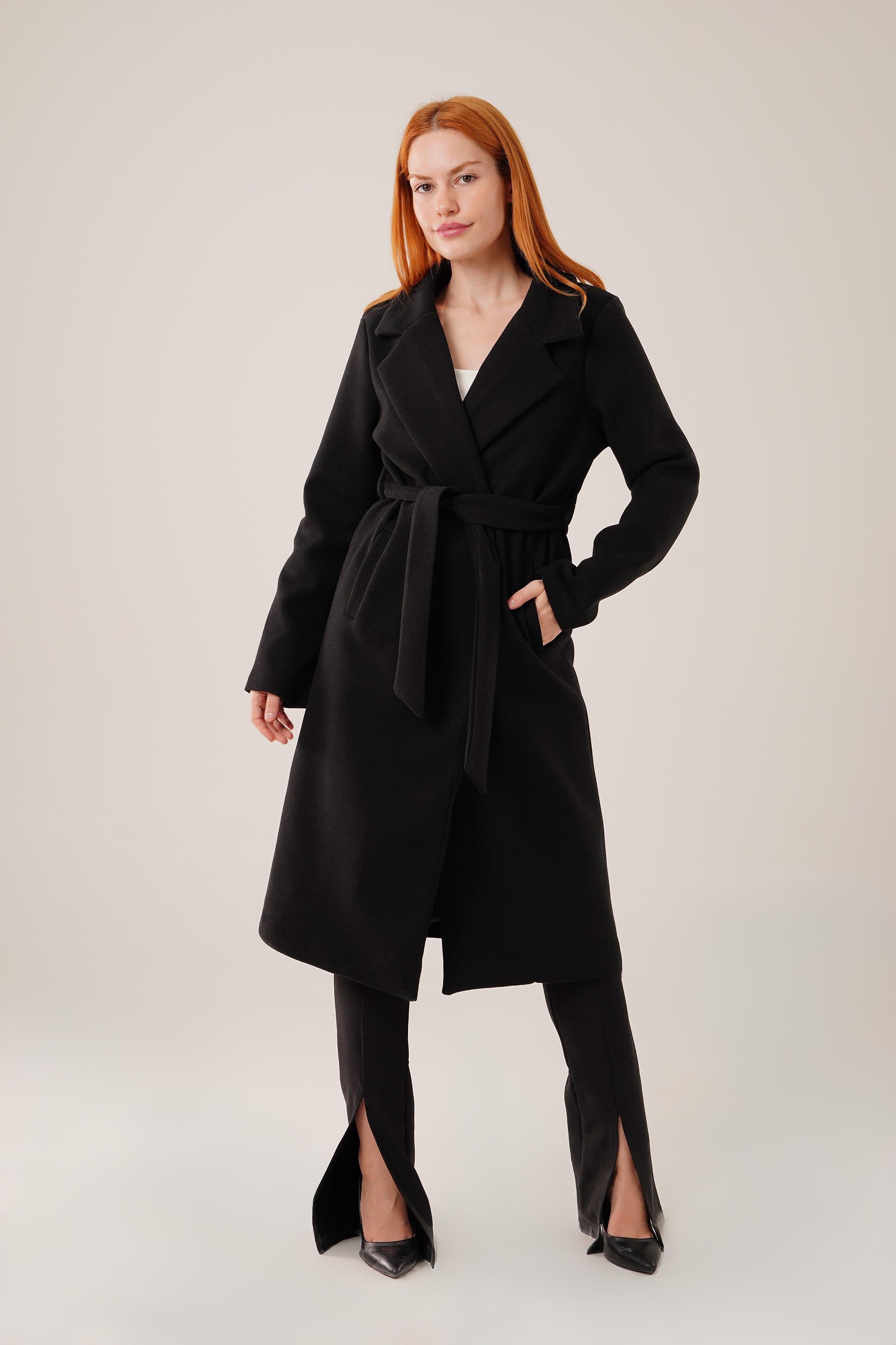 Uzun Astarlı Siyah Kaşe Toptan Kaban