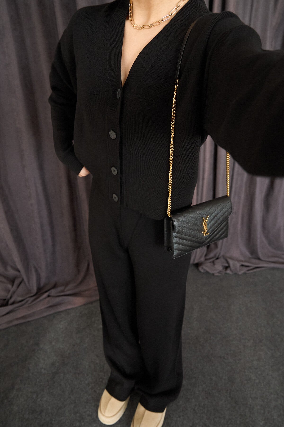 Black Long-Sleeve Buttoned Cardigan Set