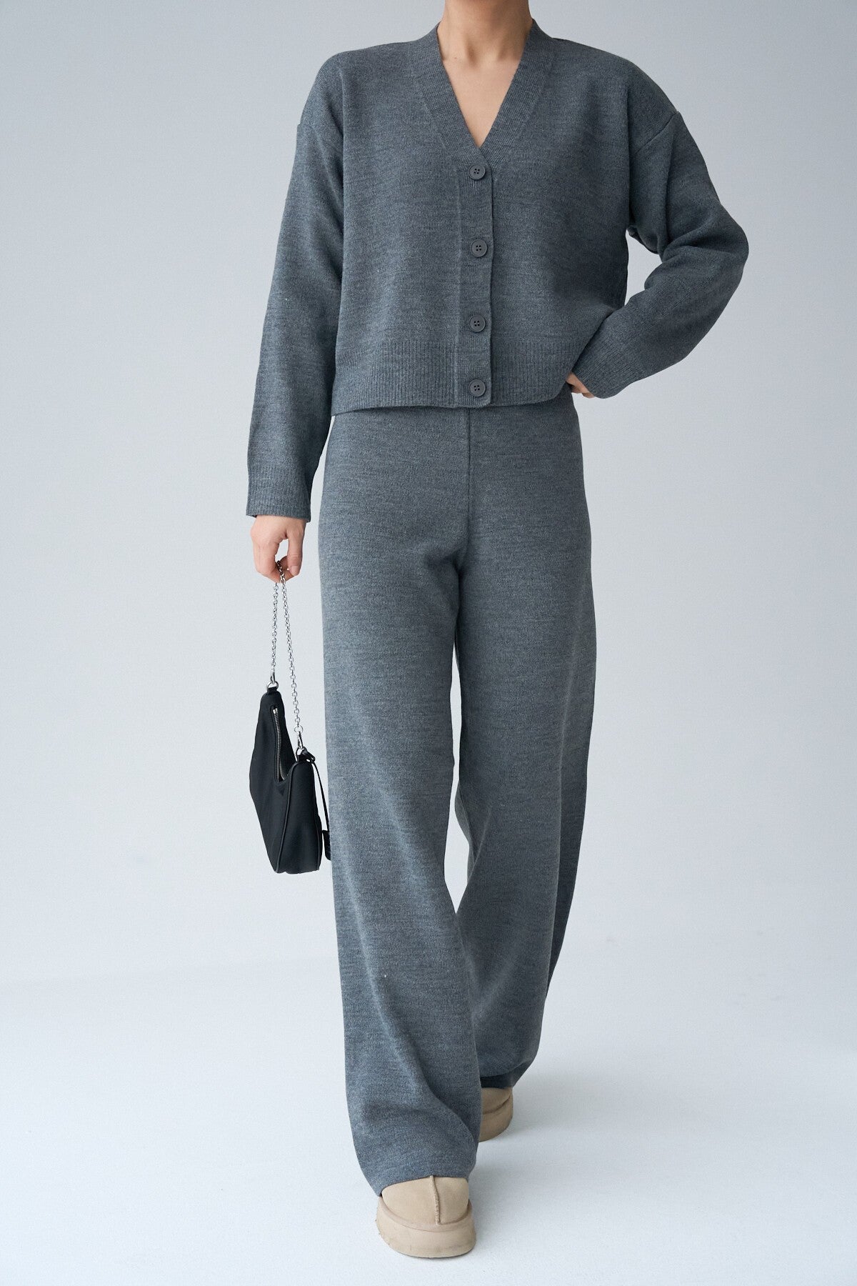Anthracite Long Sleeve Buttoned Cardigan Set