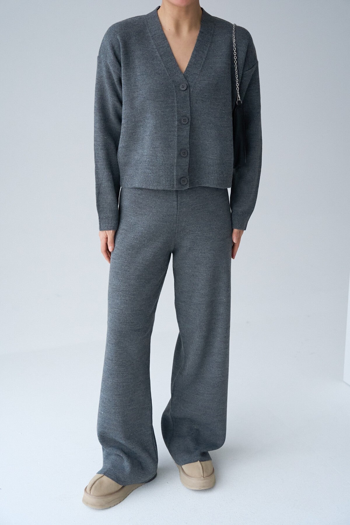 Anthracite Long Sleeve Buttoned Cardigan Set