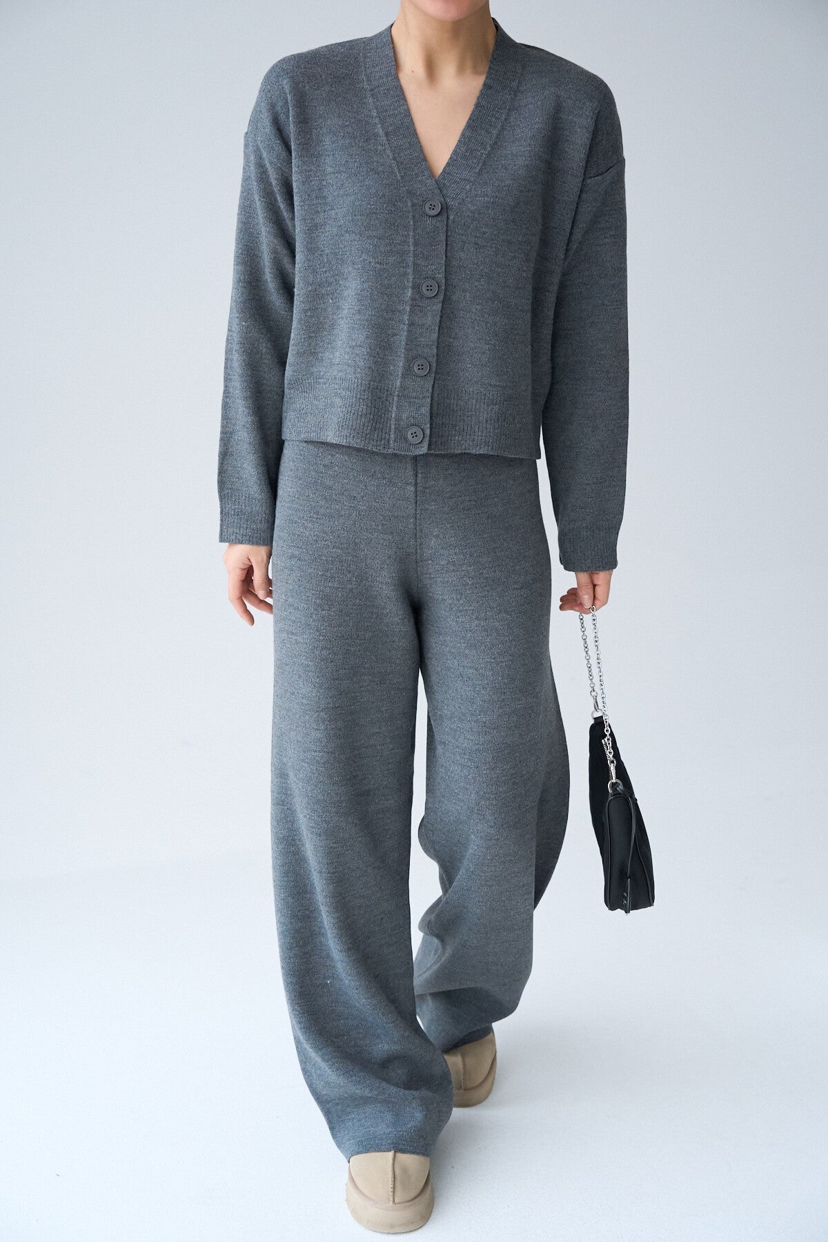 Anthracite Long Sleeve Buttoned Cardigan Set