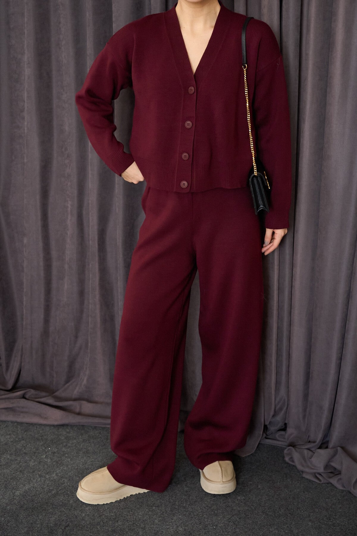 Bordeaux Long-Sleeve Buttoned Cardigan Set
