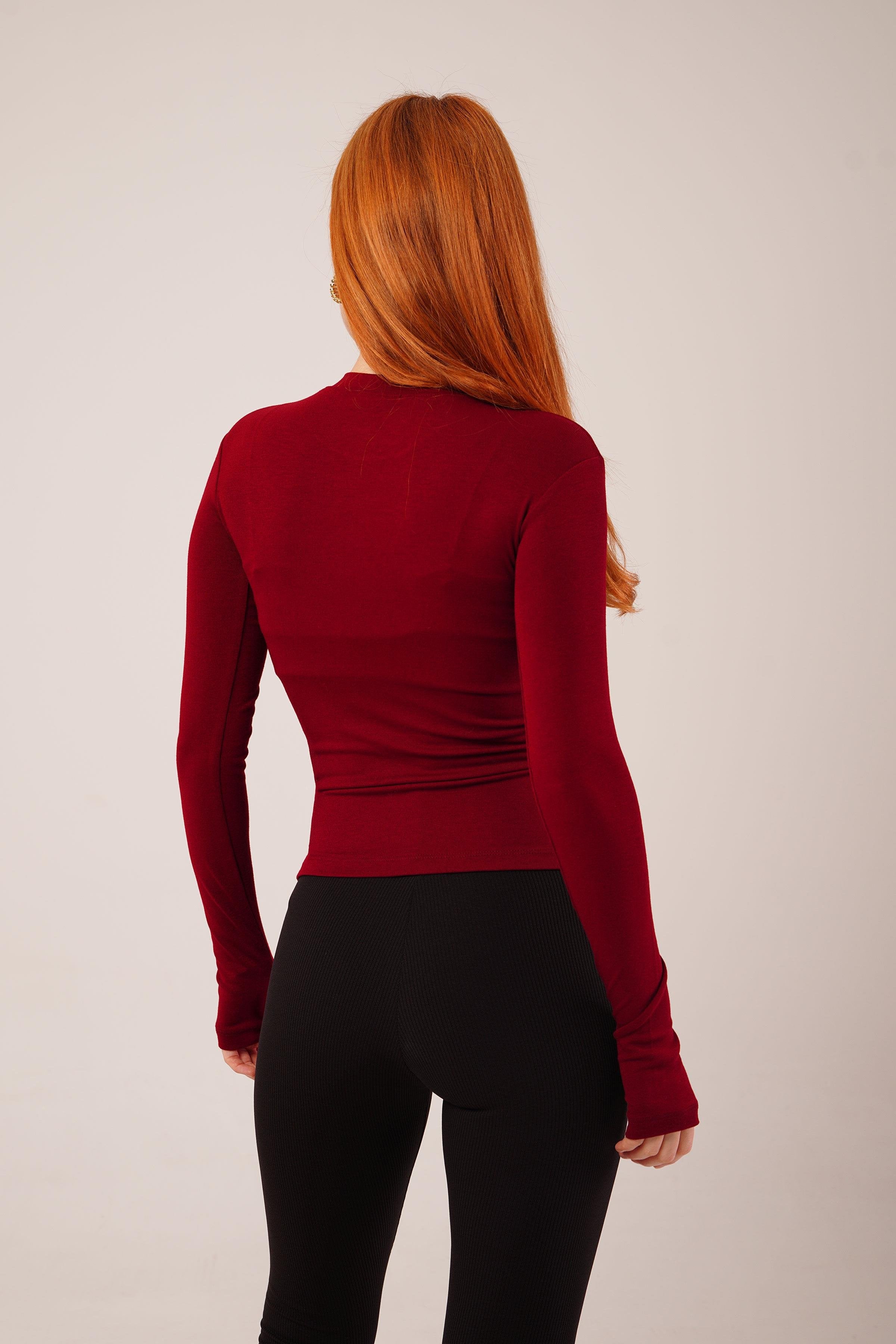 Uzun Kollu Basic Bordo Toptan Bluz