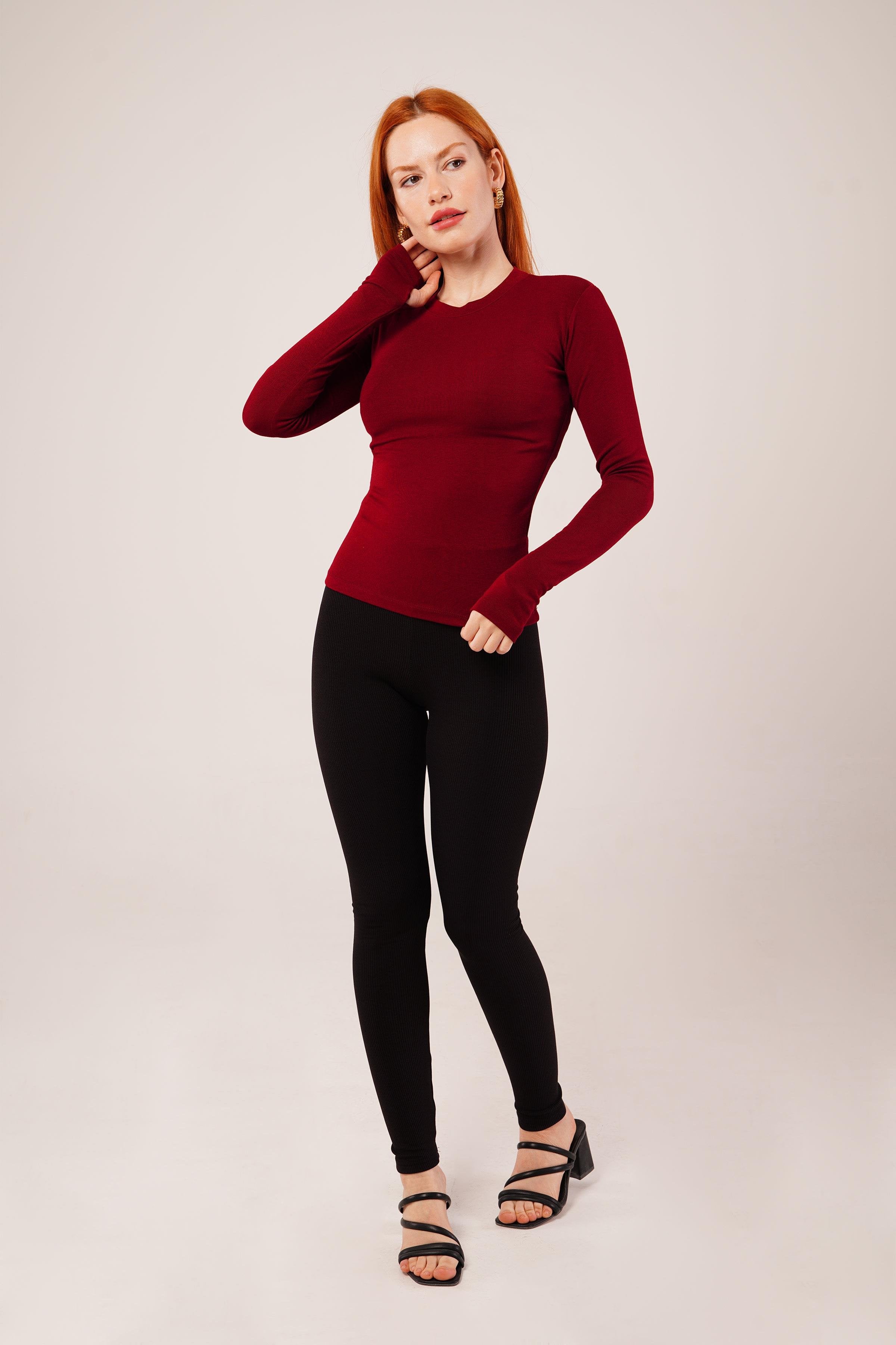 Uzun Kollu Basic Bordo Toptan Bluz
