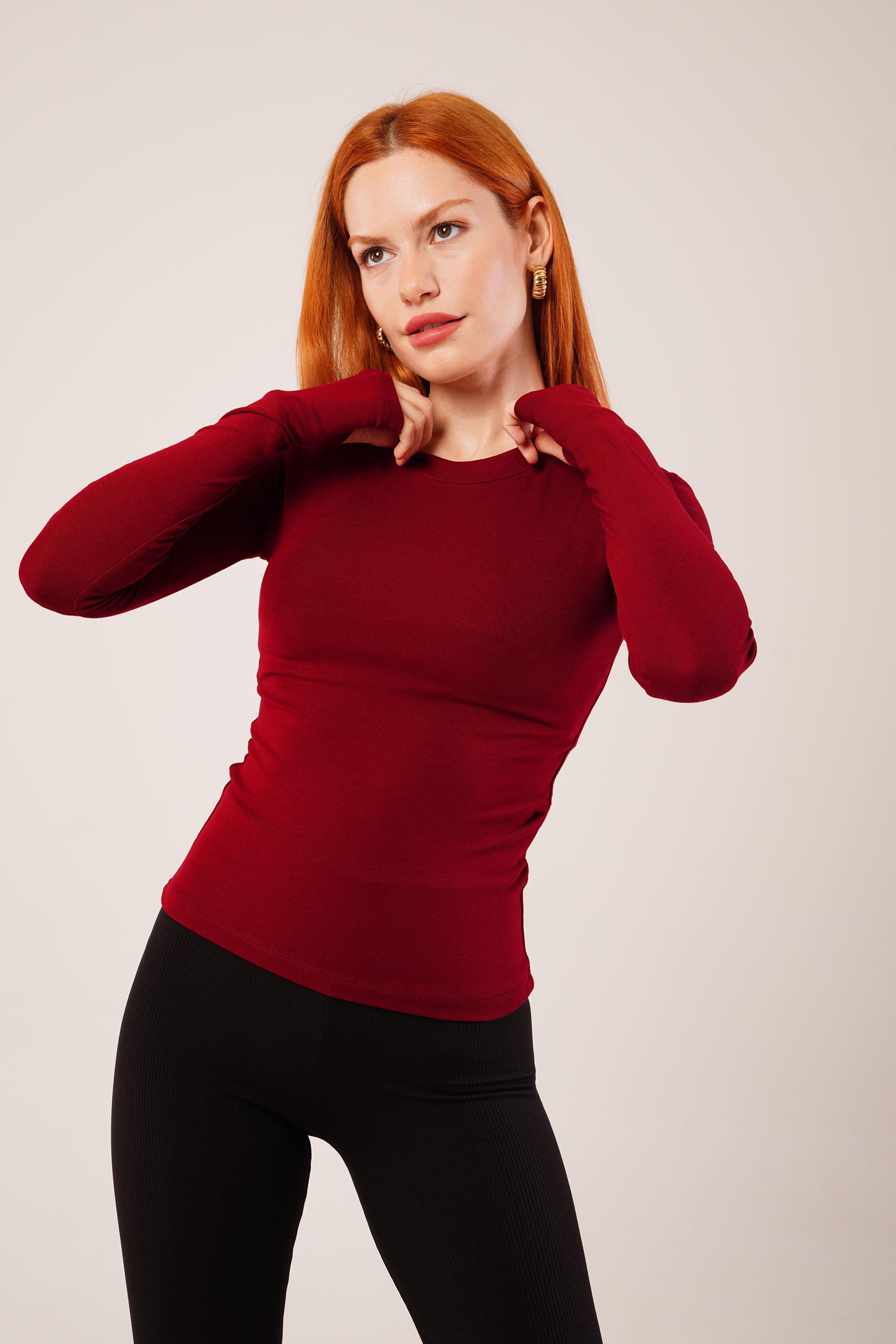 Uzun Kollu Basic Bordo Toptan Bluz