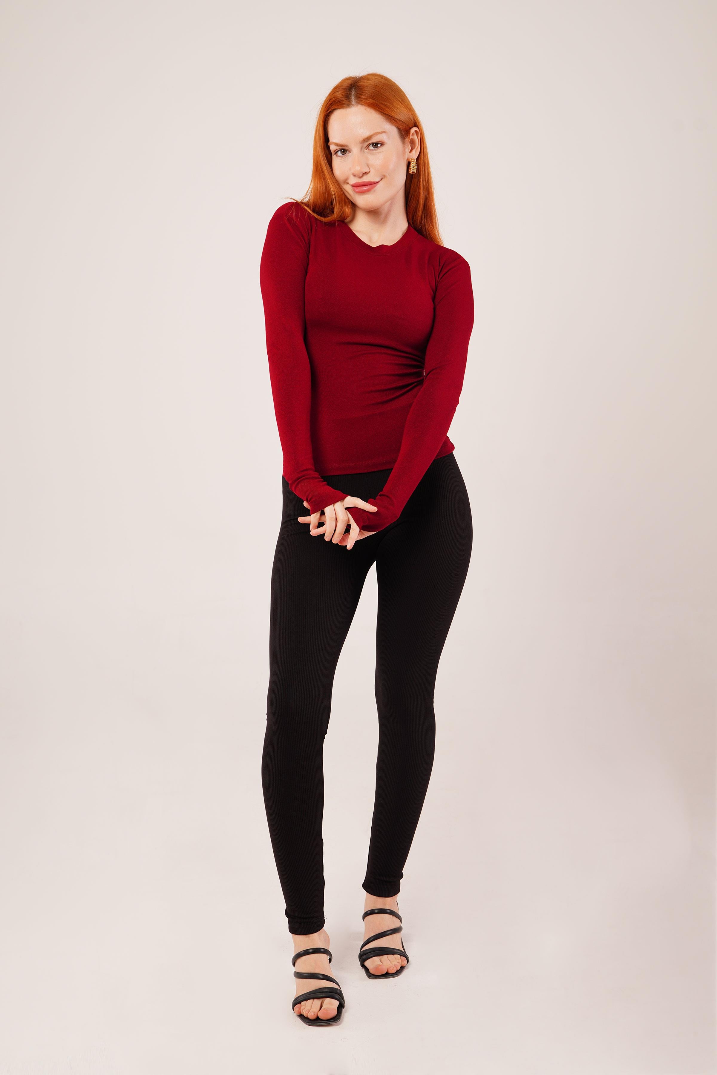 Uzun Kollu Basic Bordo Toptan Bluz