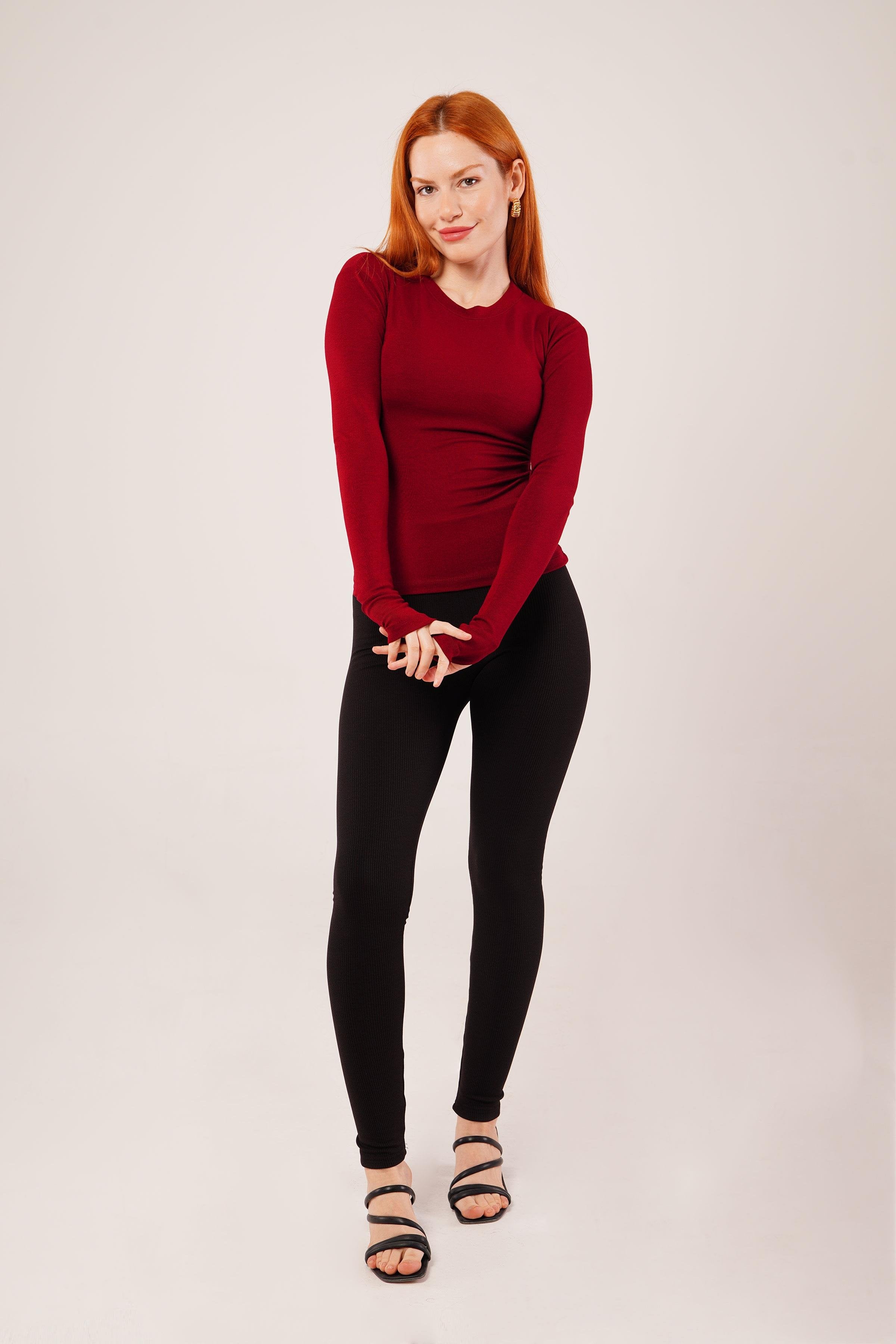 Uzun Kollu Basic Bordo Toptan Bluz