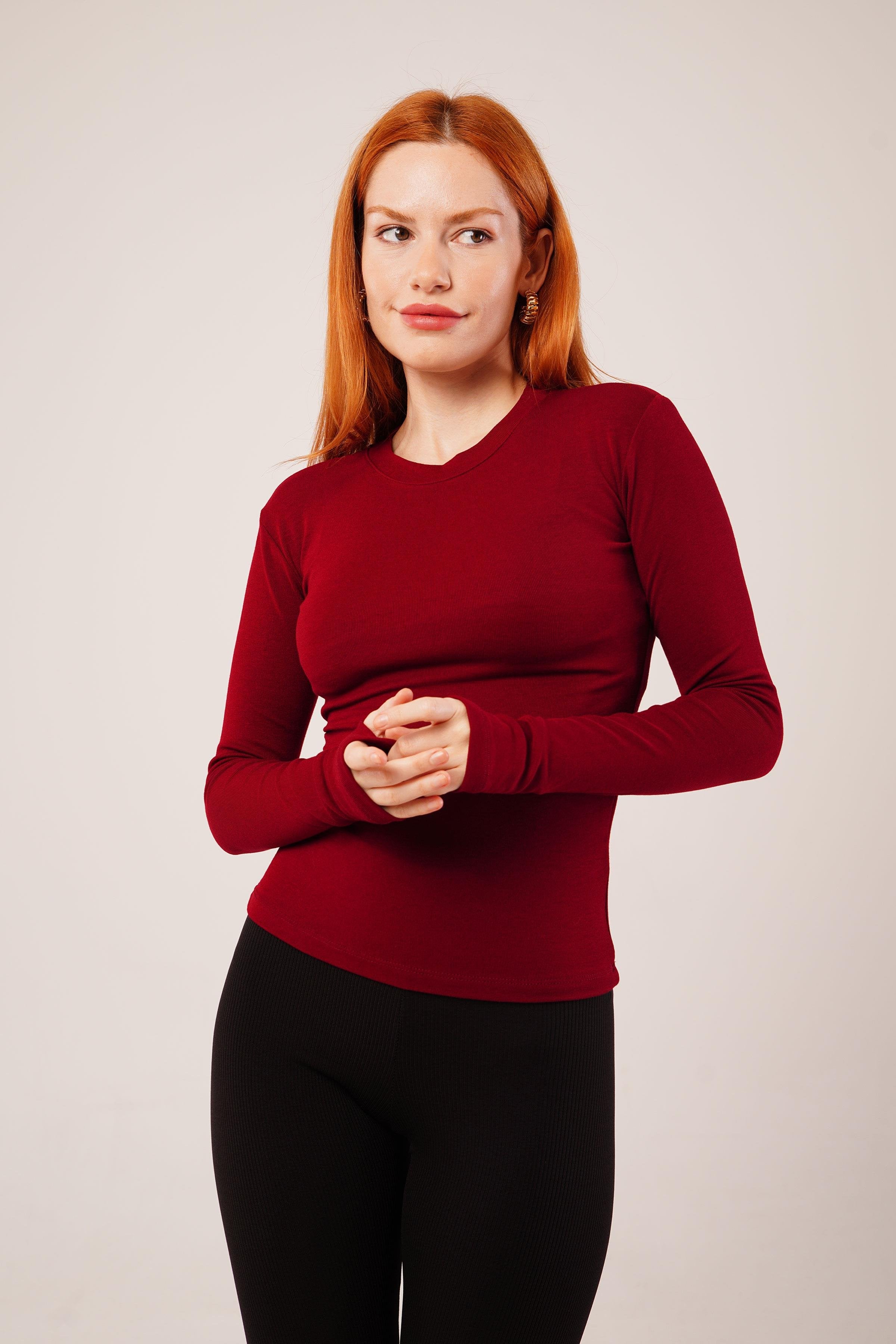 Uzun Kollu Basic Bordo Toptan Bluz
