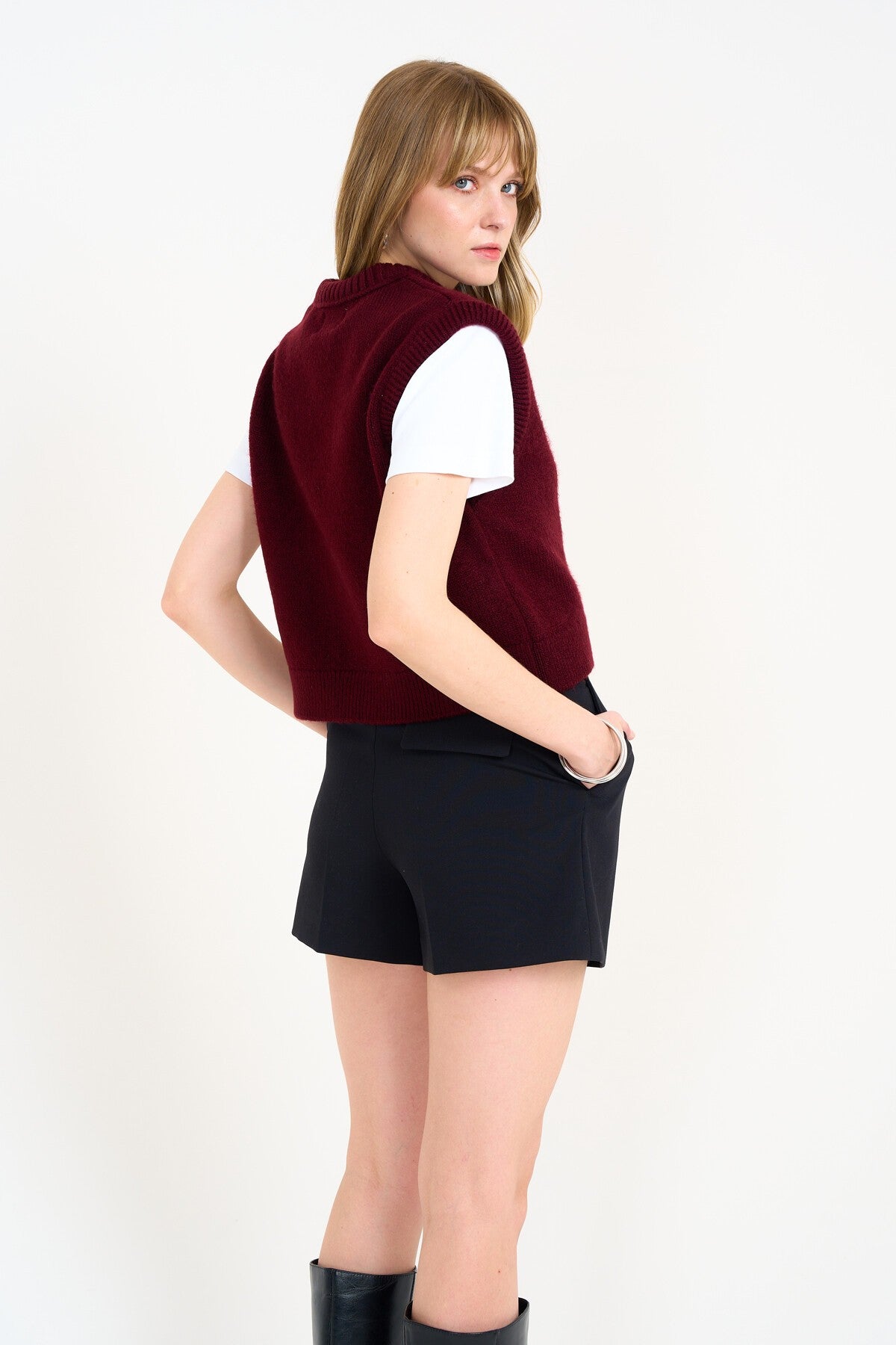Bordo V Yaka Düz Süveter