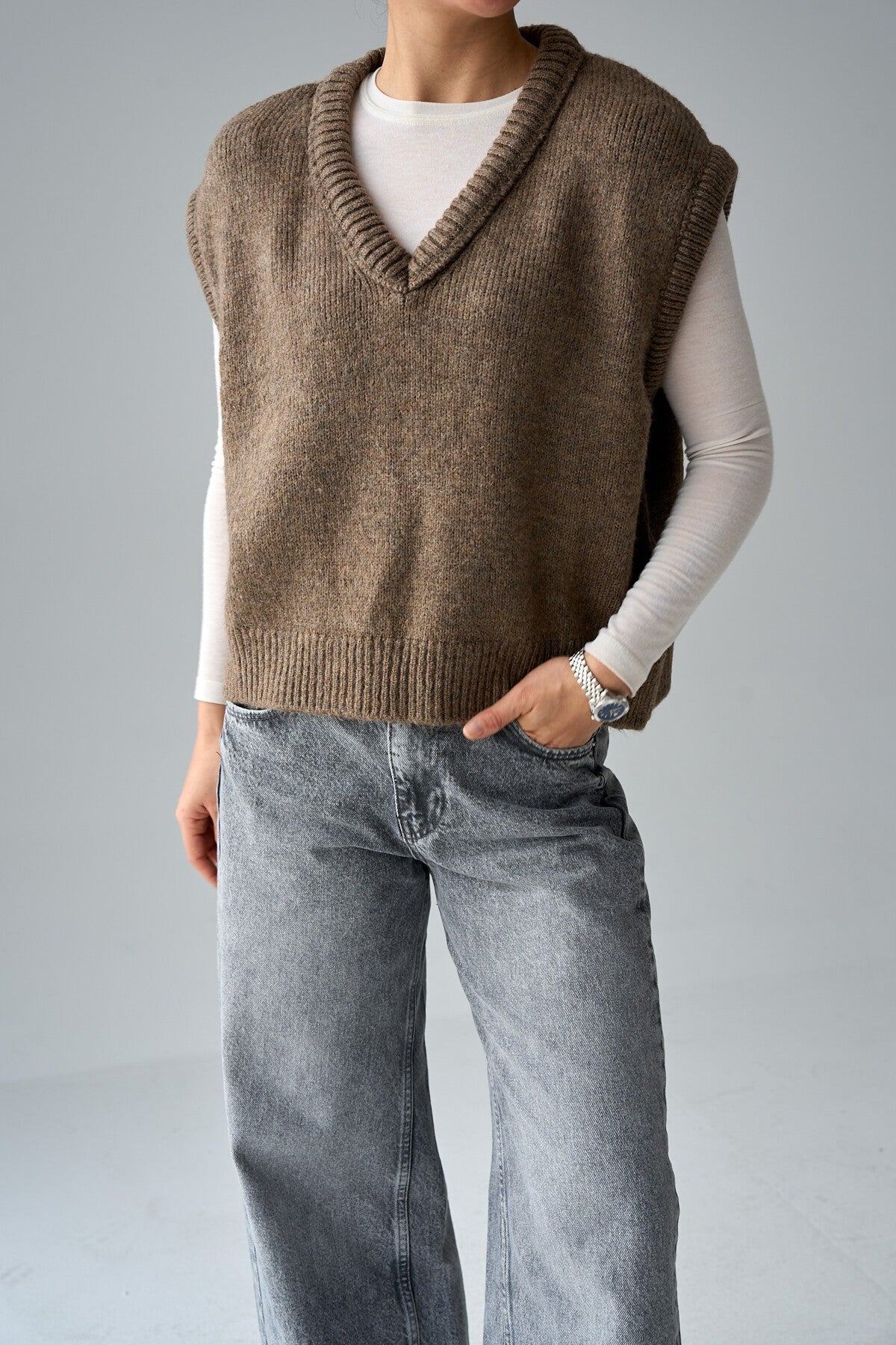 Dark Mink V-Neck Plain Sweater