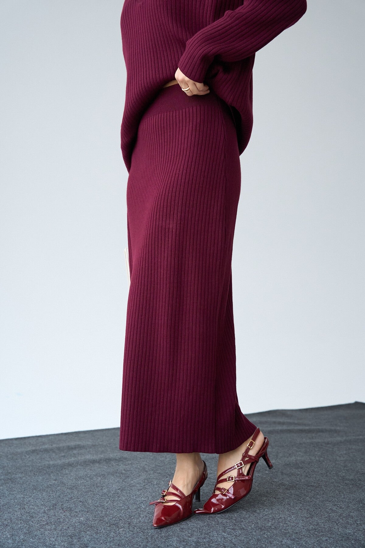 Burgundy V-Neck Sweater Skirt Set