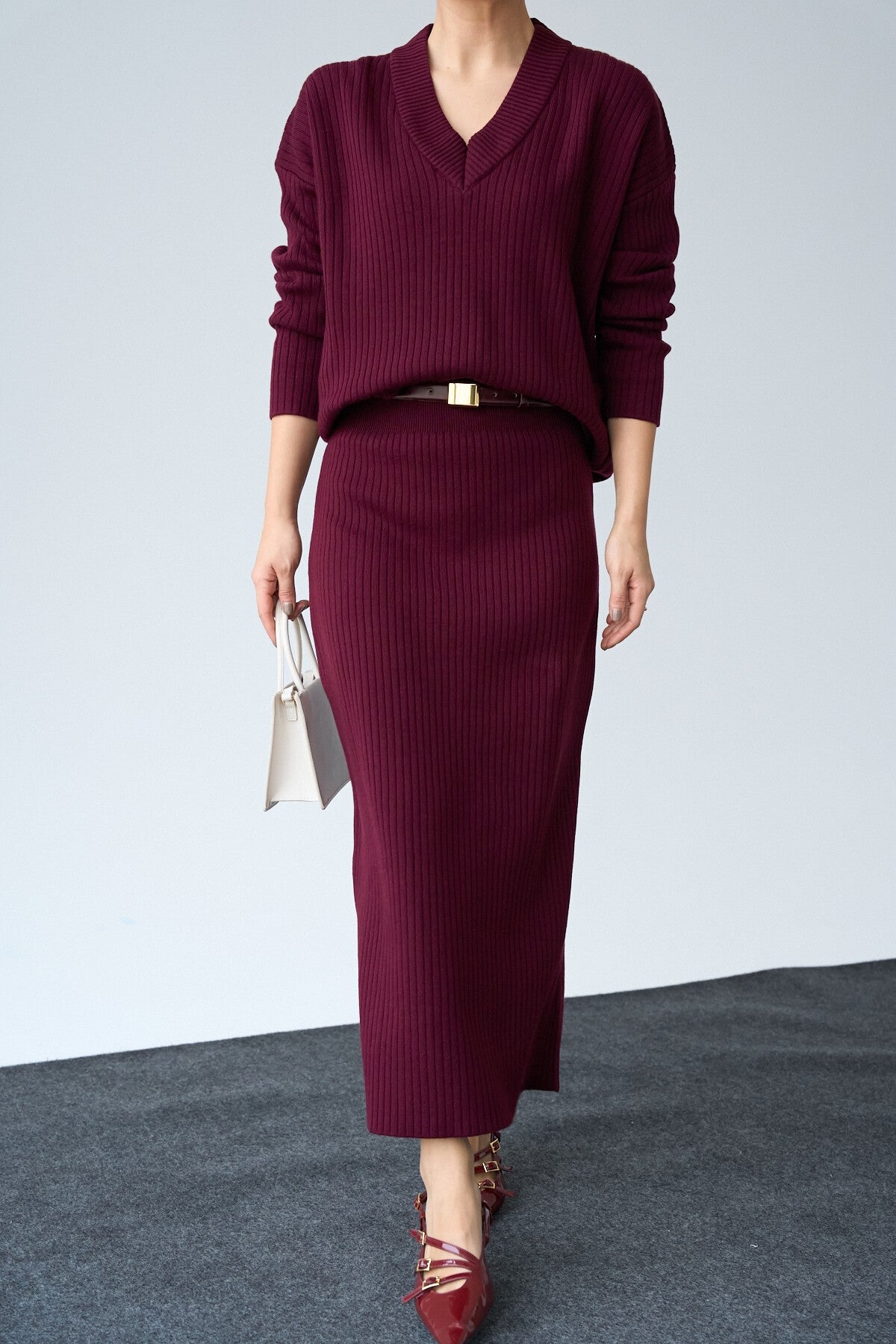 Burgundy V-Neck Sweater Skirt Set