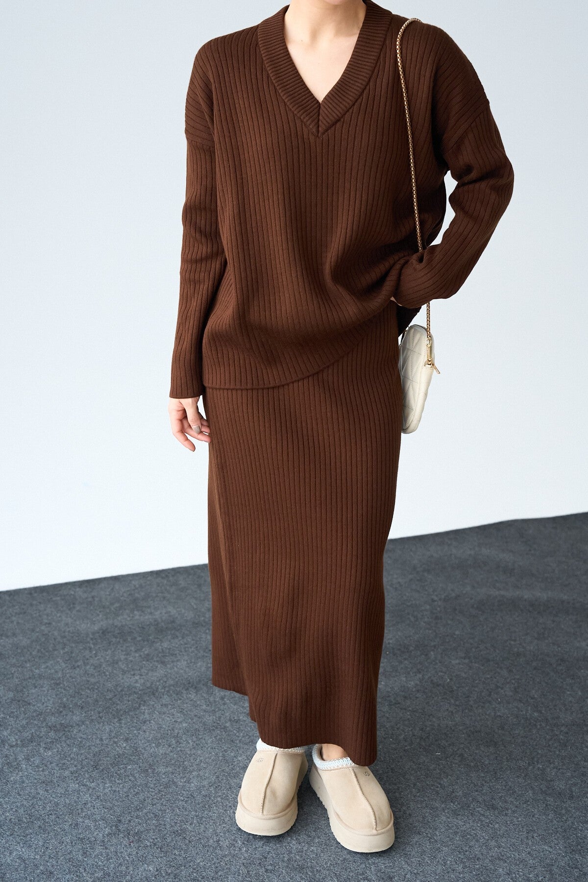 Bitter Coffee V-Neck Sweater Skirt Set