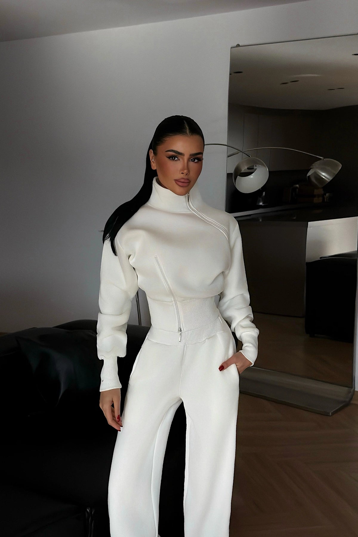 White Tracksuit Set with Zipper Detail