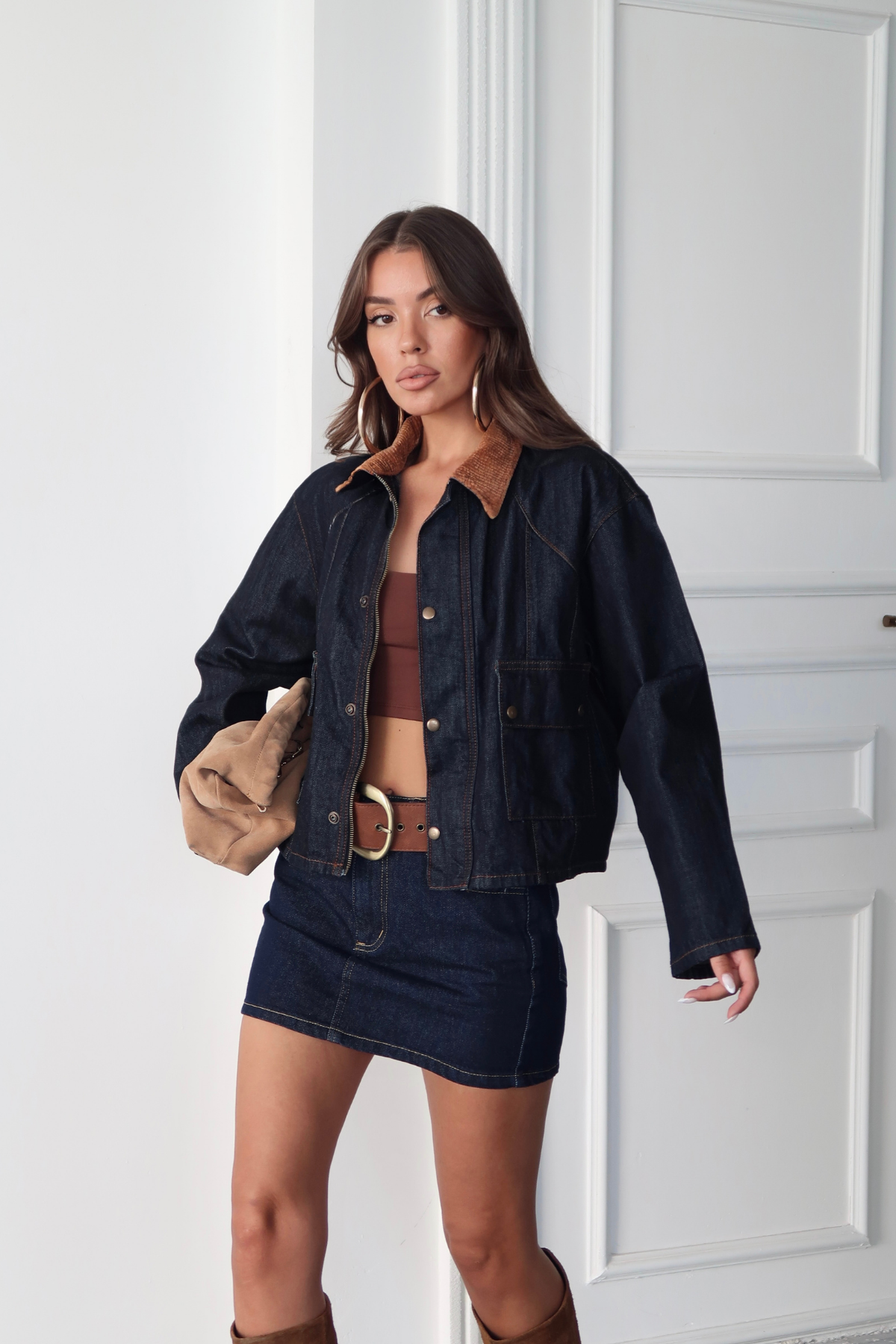 YAKA KADİFE DETAYLI KOT CEKET - Lacivert