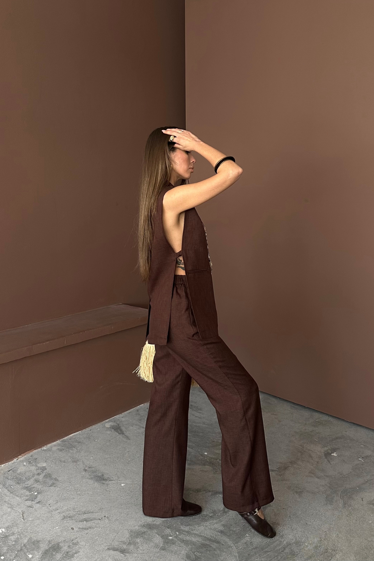 YAKA MİDYE KABUĞU SIRALI YELEK - PANTOLON TAKIM KETEN KUMAŞ - Kahverengi